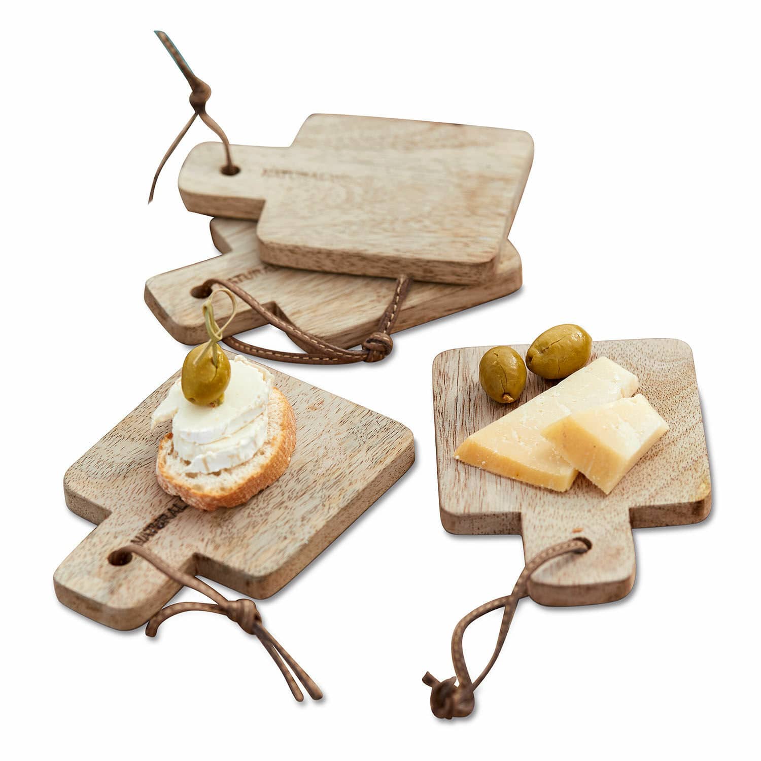 Snijplank set van 4 Boise Set lichte houten serveerplanken met handvatten en leren koordjes voor hapjes