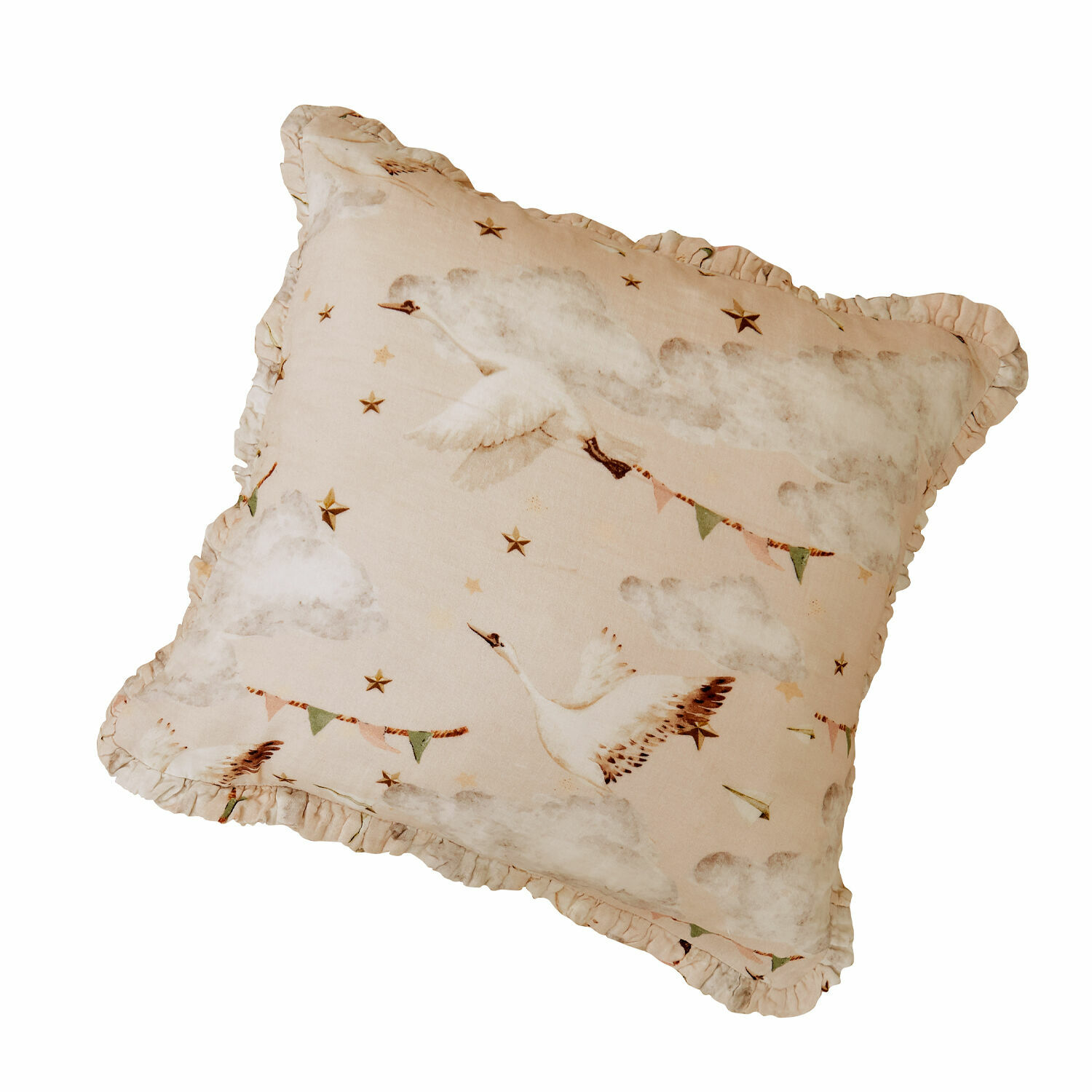 Kussenhoes Bellise Beige katoenen kussen met print van vliegende vogels en sterren, decoratief voor woonkamer