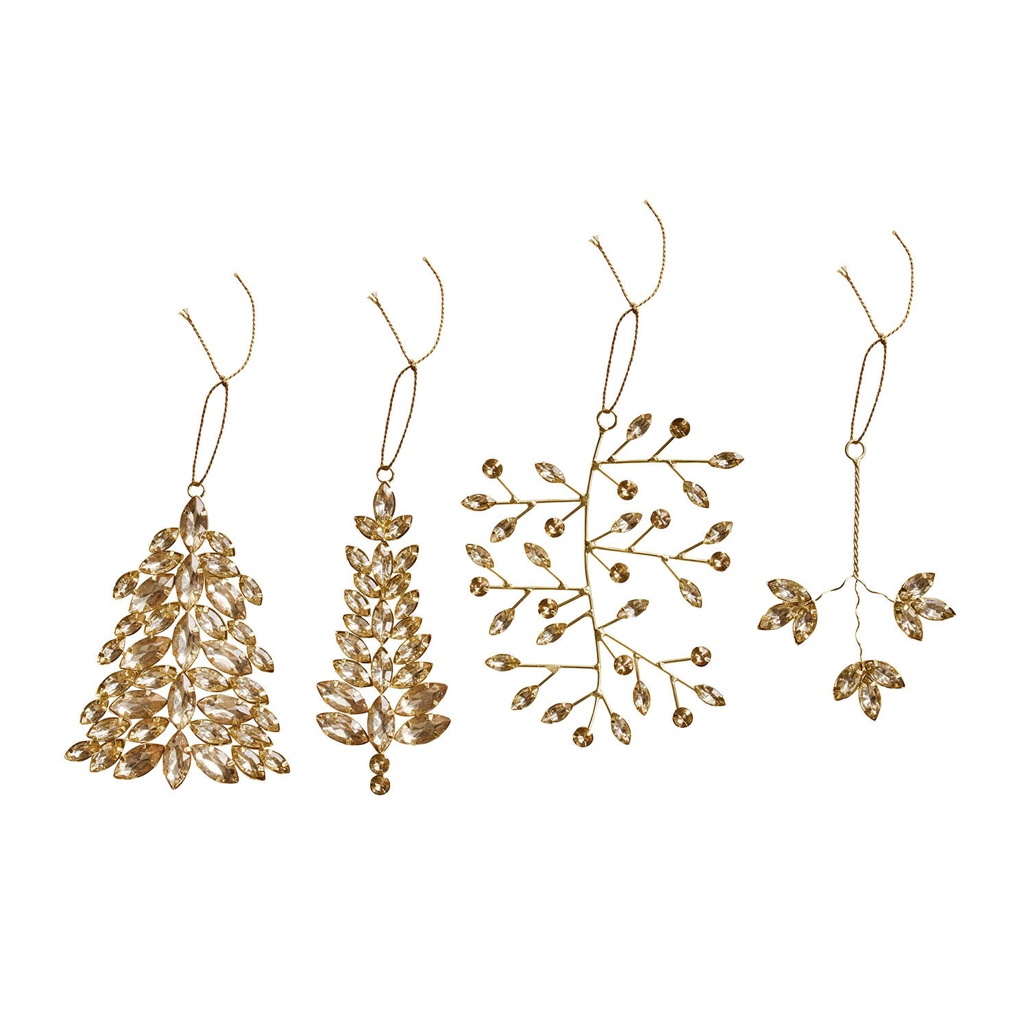 Kerstversiering set van 4 Zaniva Set van vier gouden kerstversieringen met kristallen bladeren aan ophangkoordjes