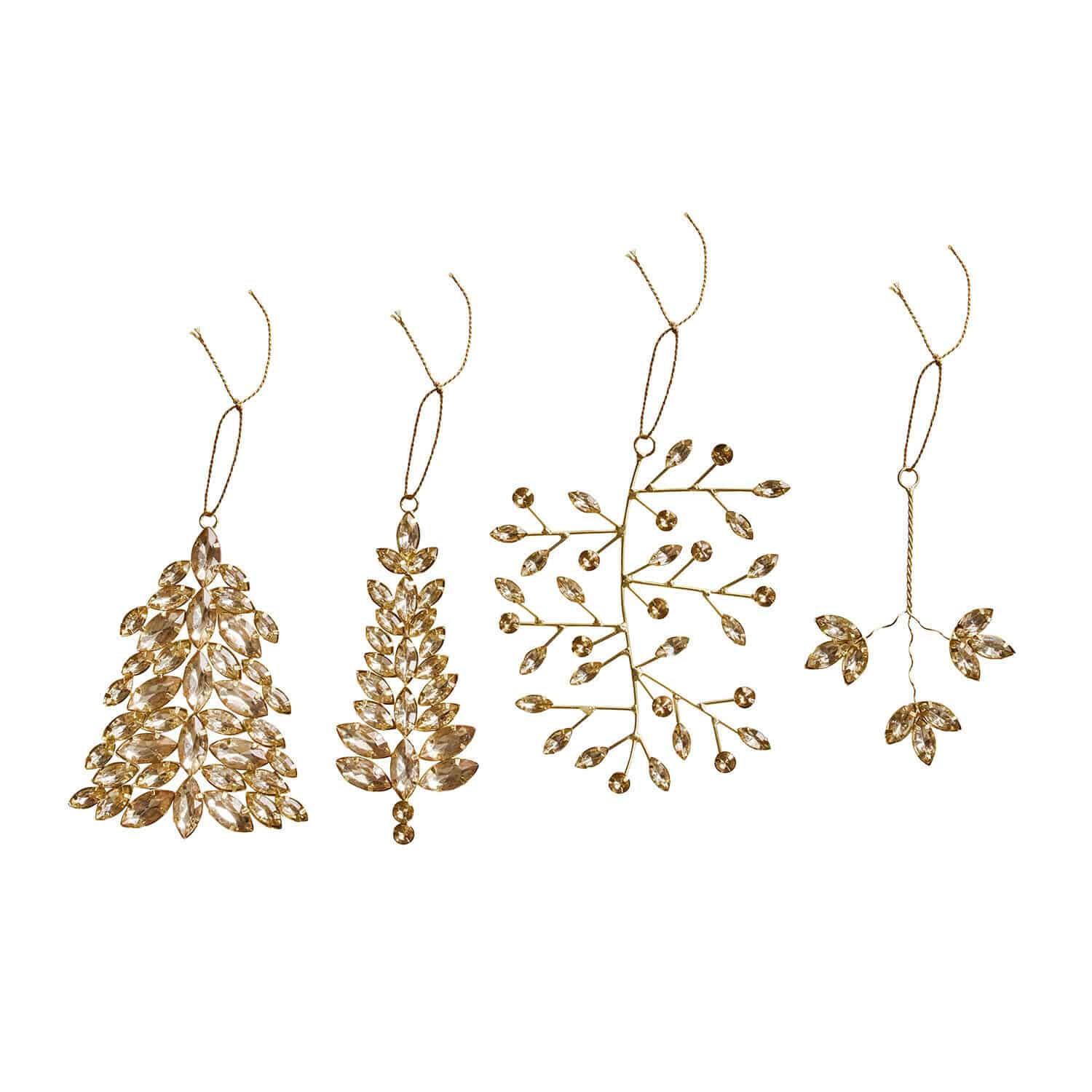 Kerstversiering set van 4 Zaniva Set van vier gouden kerstversieringen met kristallen bladeren aan ophangkoordjes