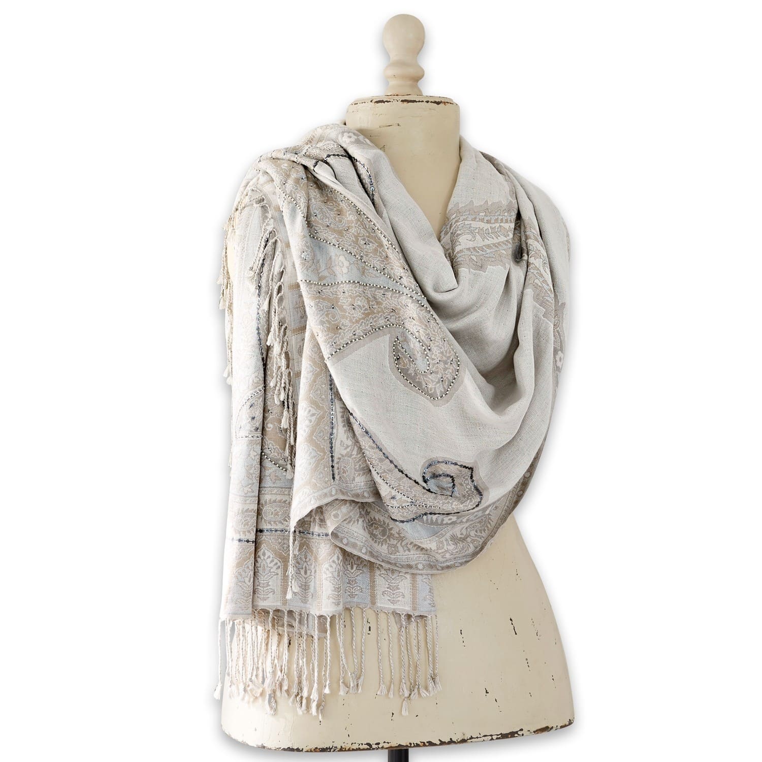 Sjaal Moyra Beige sjaal met patroon en franjes van zacht materiaal, modieuze accessoire voor koele dagen