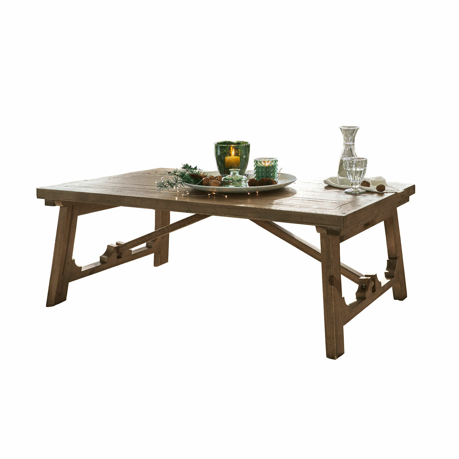 Salontafel Flemming Rustieke salontafel van natuurlijk hout met decoratief dienblad en kaars