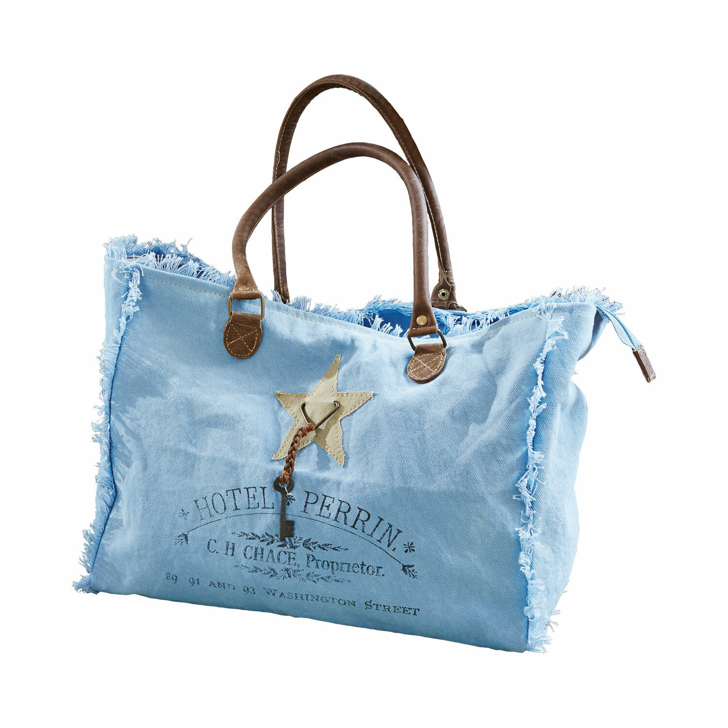 Tas Elora Lichtblauwe stoffen tas met bruine handvatten en decoratieve sleutel, vintage stijl