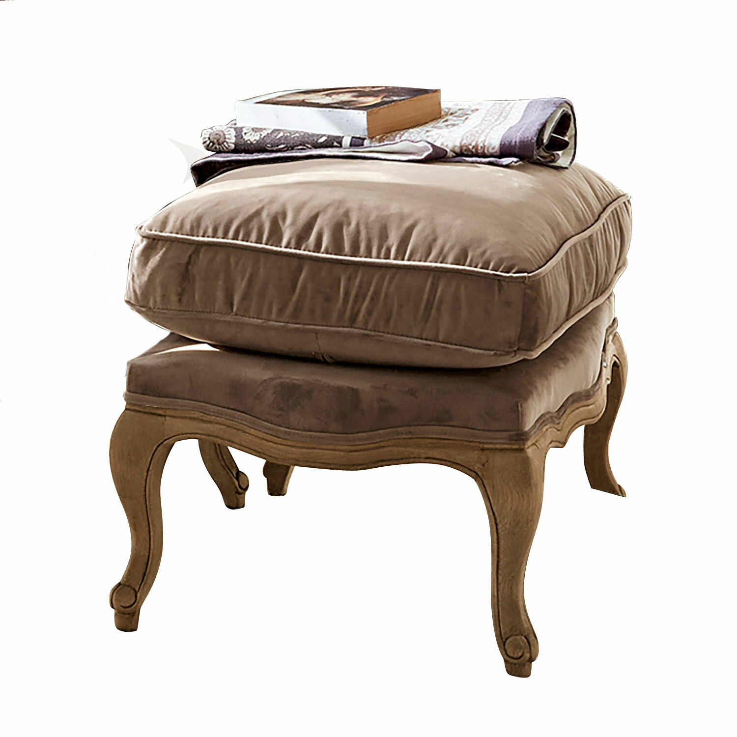 Footstool Corlay Bruine voetenbank met houten frame en zachte kussen, decoratieve stof en boek erop