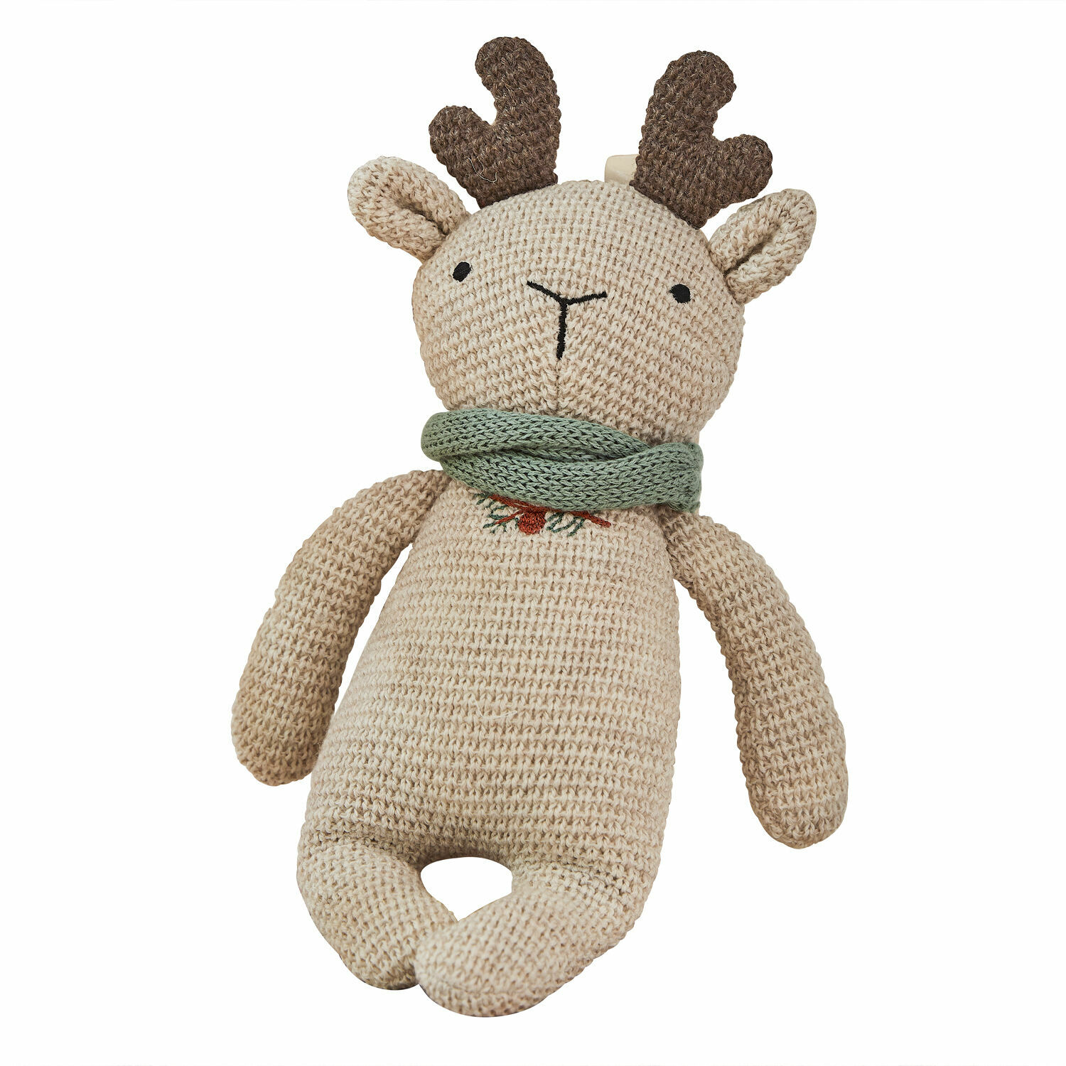 Knuffeldier Papillia Beige gebreide rendierknuffel met groene sjaal, zachte kinderdecoratie