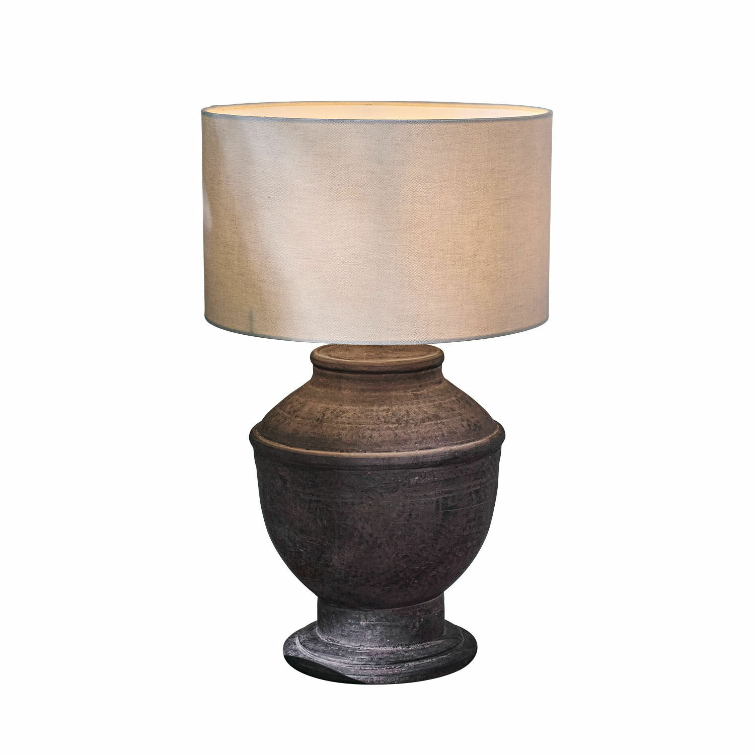 Tafellamp met donkerbruine keramische voet en lichte stoffen kap, decoratieve woonkamerverlichting