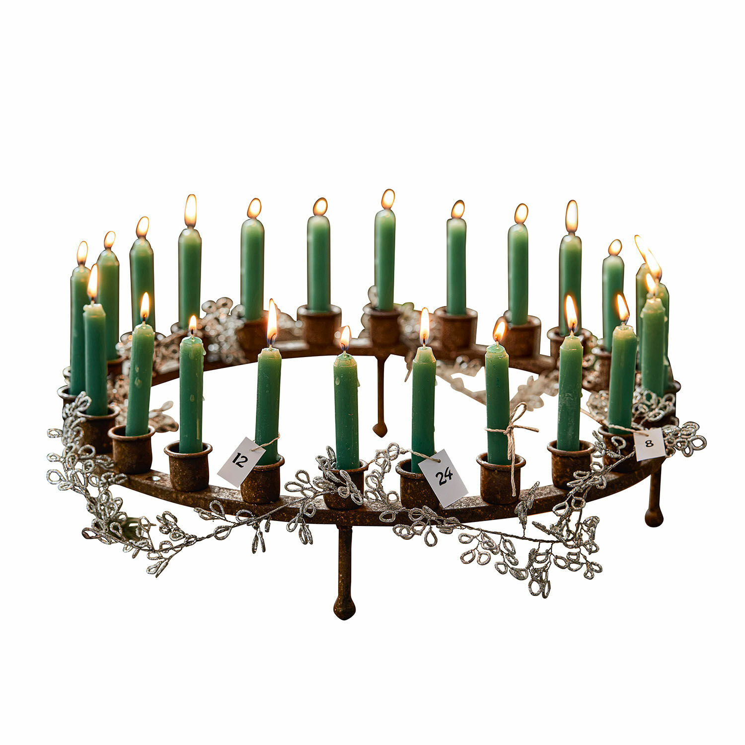 Kaarsenkrans Margarit Metalen adventskrans met groene kaarsen en zilveren takdecoratie voor kerst