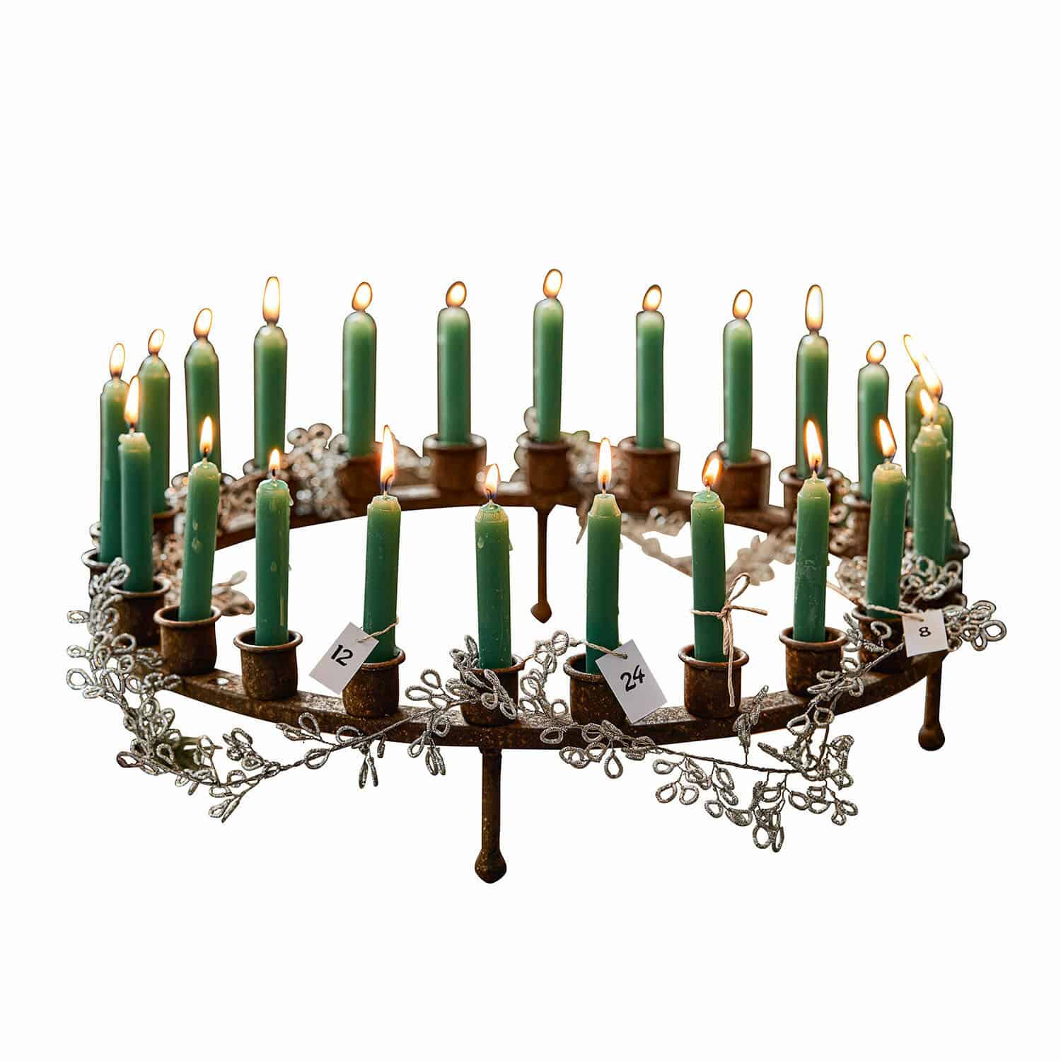 Kaarsenkrans Margarit Metalen adventskrans met groene kaarsen en zilveren takdecoratie voor kerst