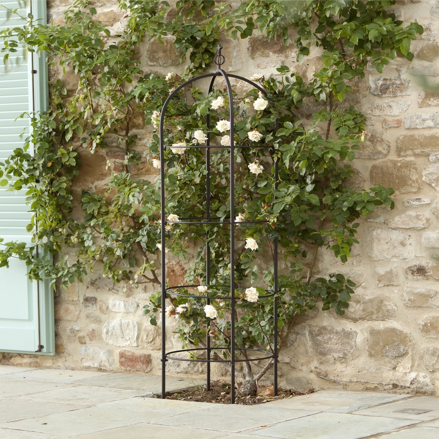 Obelisk voor klimplanten Besson Zwarte metalen klimrek voor klimplanten tegen een stenen muur met groen blad