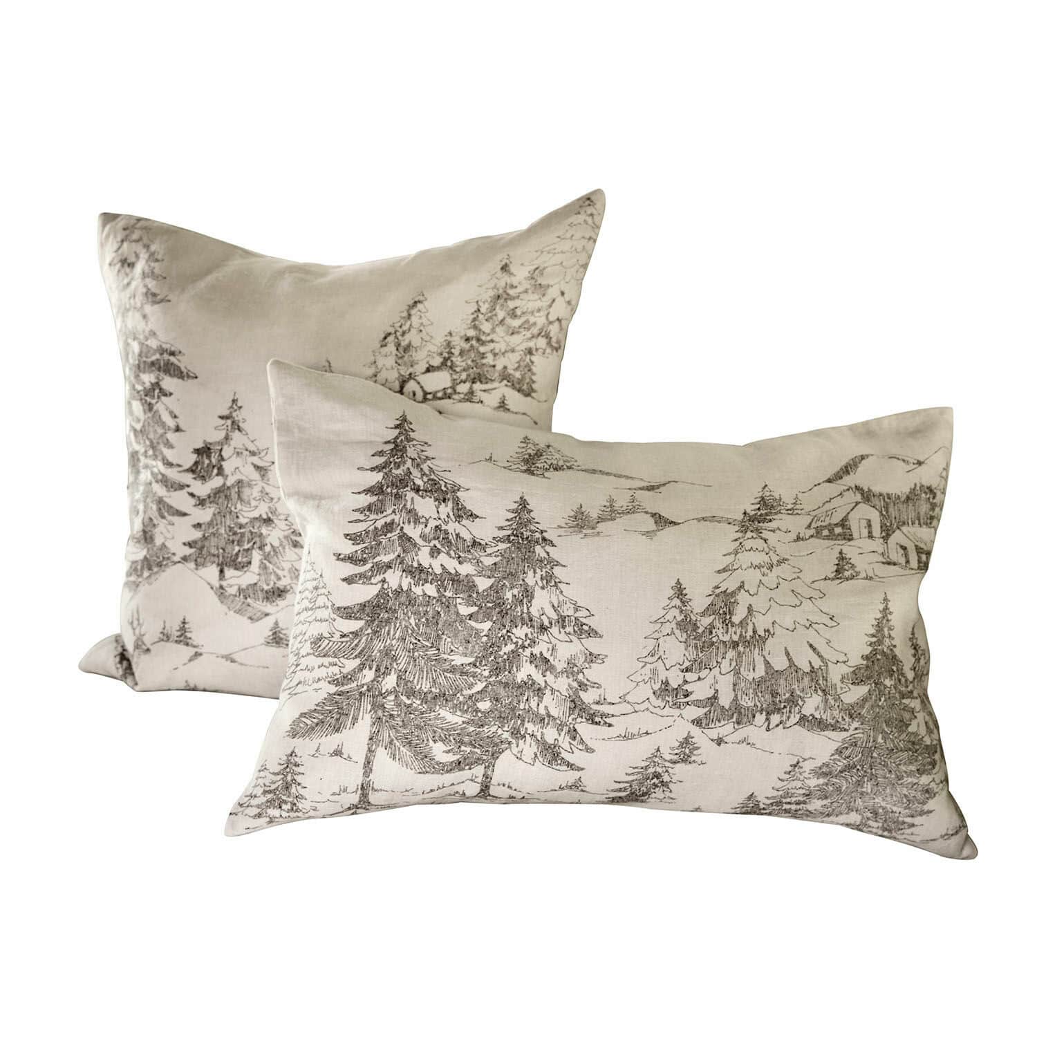 Kussenhoes set van 2 Fabrielle Set van twee beige linnen kussens met boslandschap print, decoratieve kussens voor woonkamer