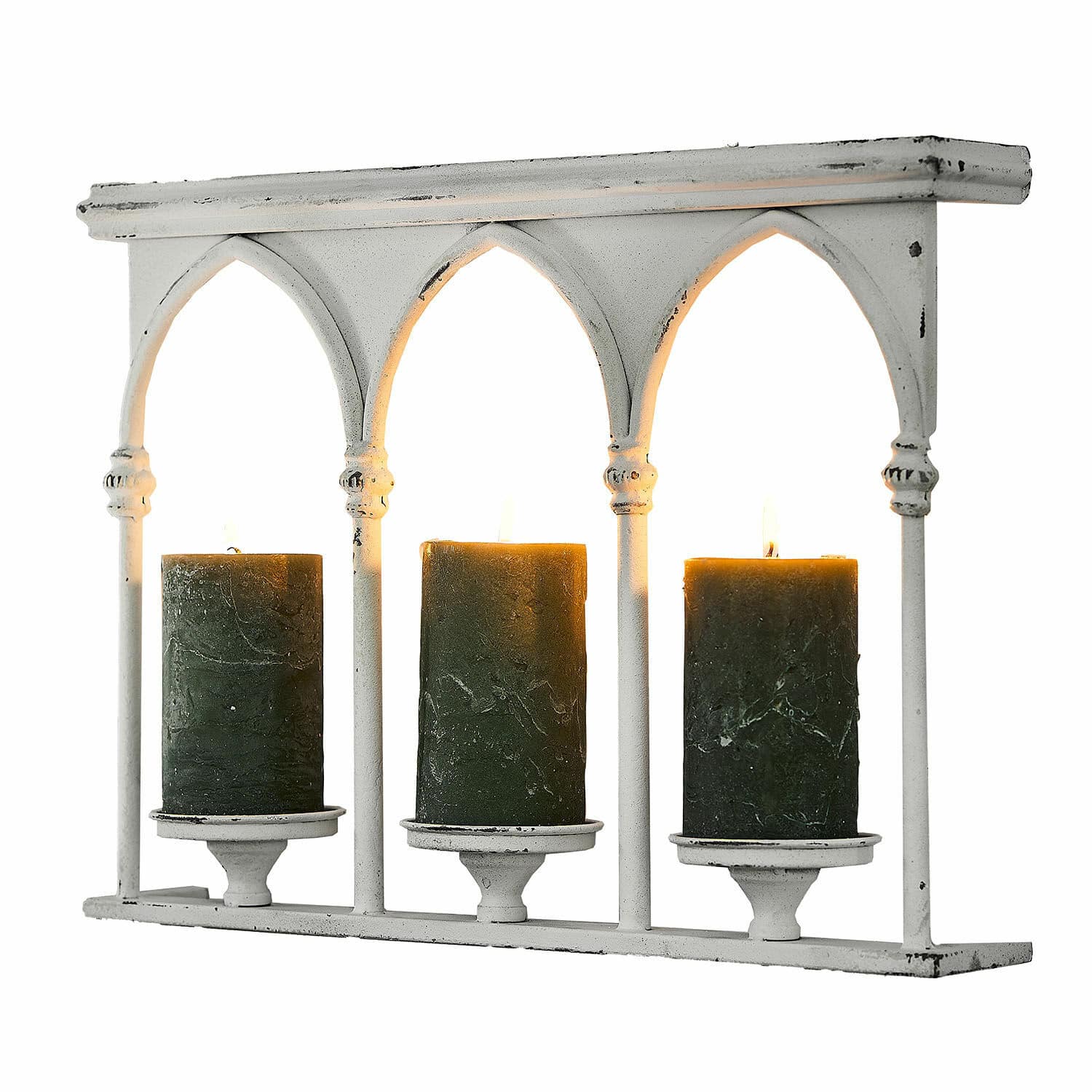 Wandkaarsenhouder Oliviette Witte metalen kandelaar met drie groene kaarsen, vintage interieurdecoratie