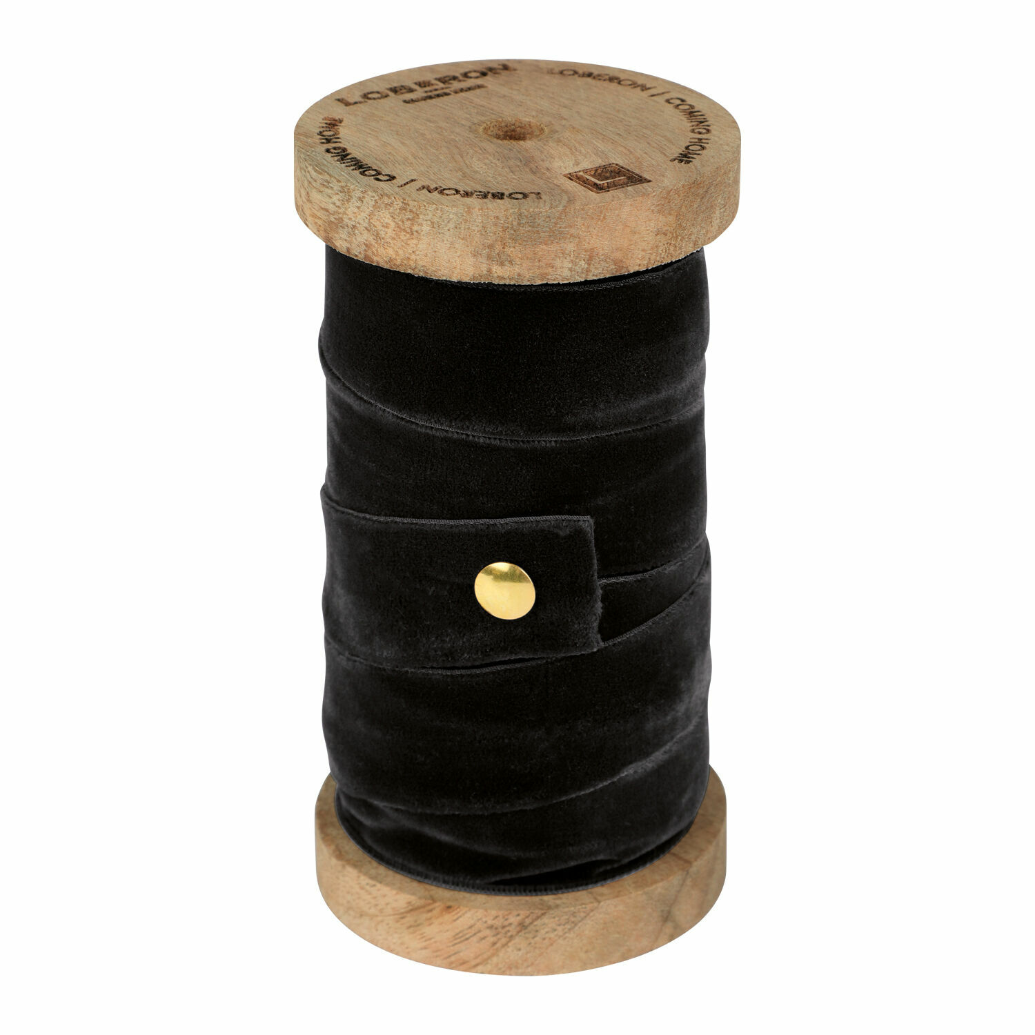 Zwarte fluwelen lint op houten spoel voor decoratie en handwerk