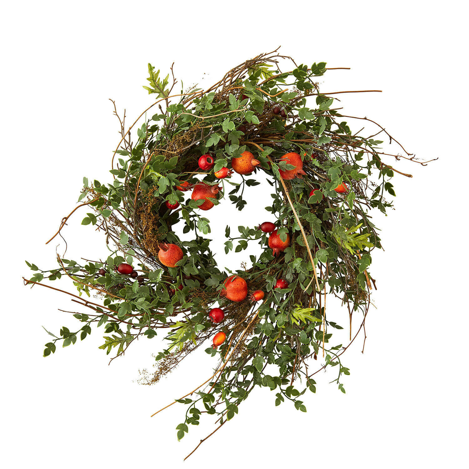 Krans Karidah Decoratieve krans van takken, groene bladeren en rode vruchten voor herfstige woondecoratie