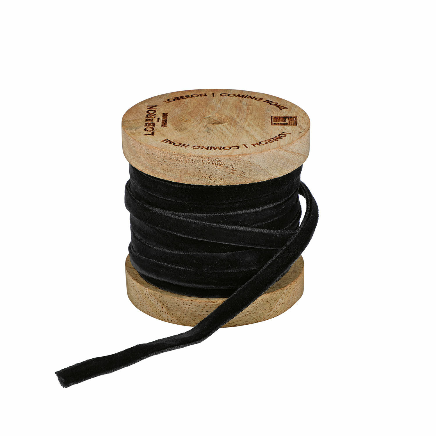 Fluwelen lint Olessa Zwart fluwelen lint op houten spoel voor decoratie en handwerk