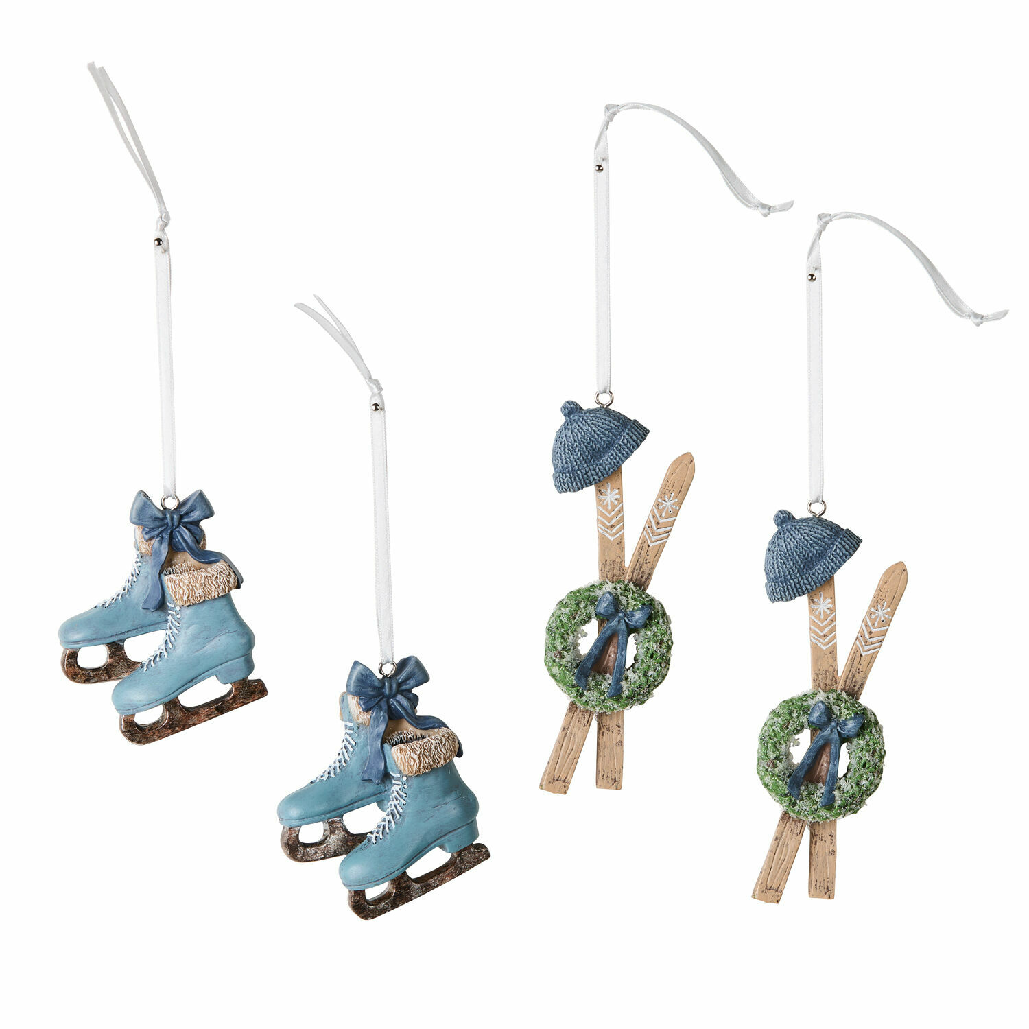 Set van 4 blauwe kunststof hangers: schaatsen en ski's met krans voor kerstboom