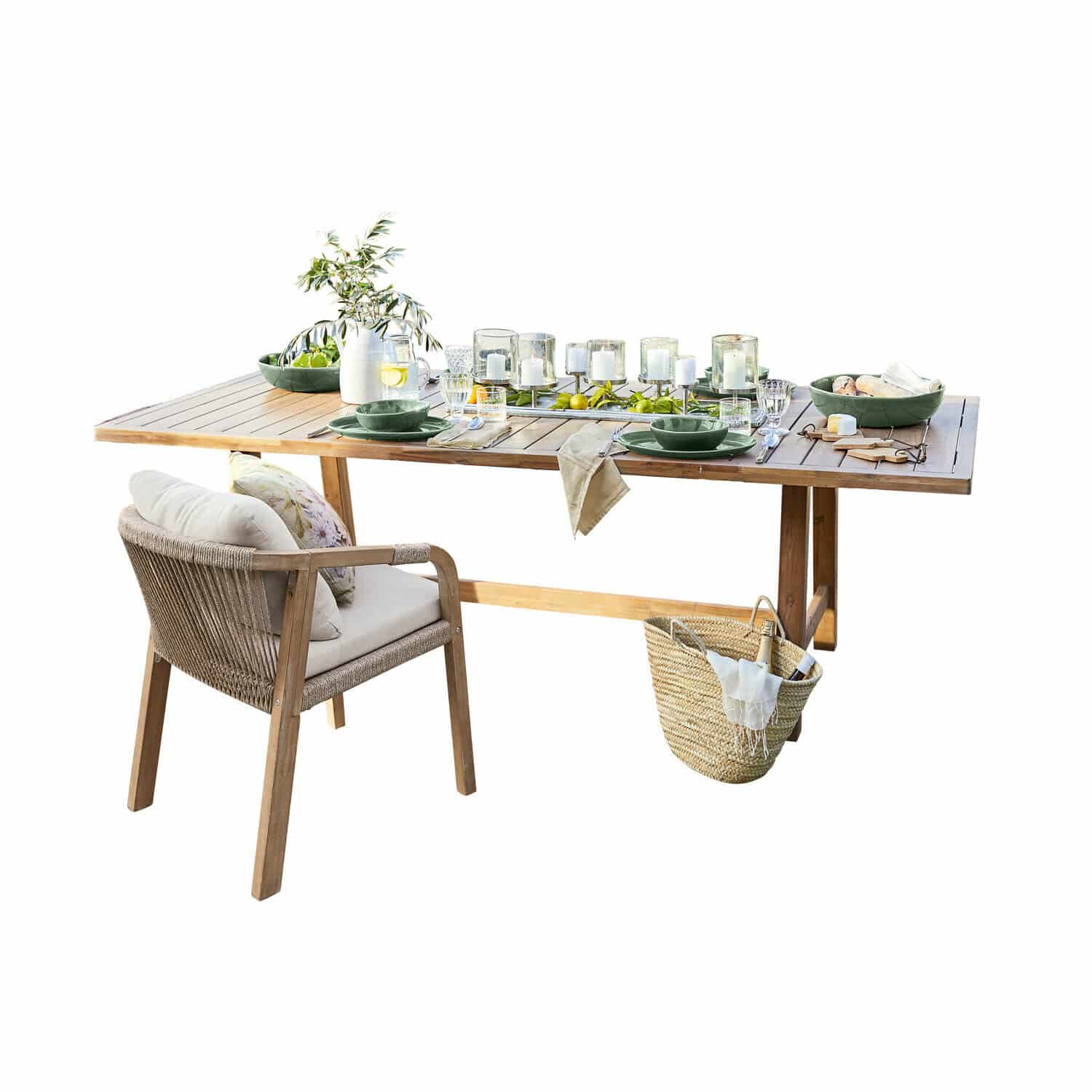 Tafel FSC®-100% Kennedy Houten tuintafel met groen servies en kussenstoel, terrasdecoratie