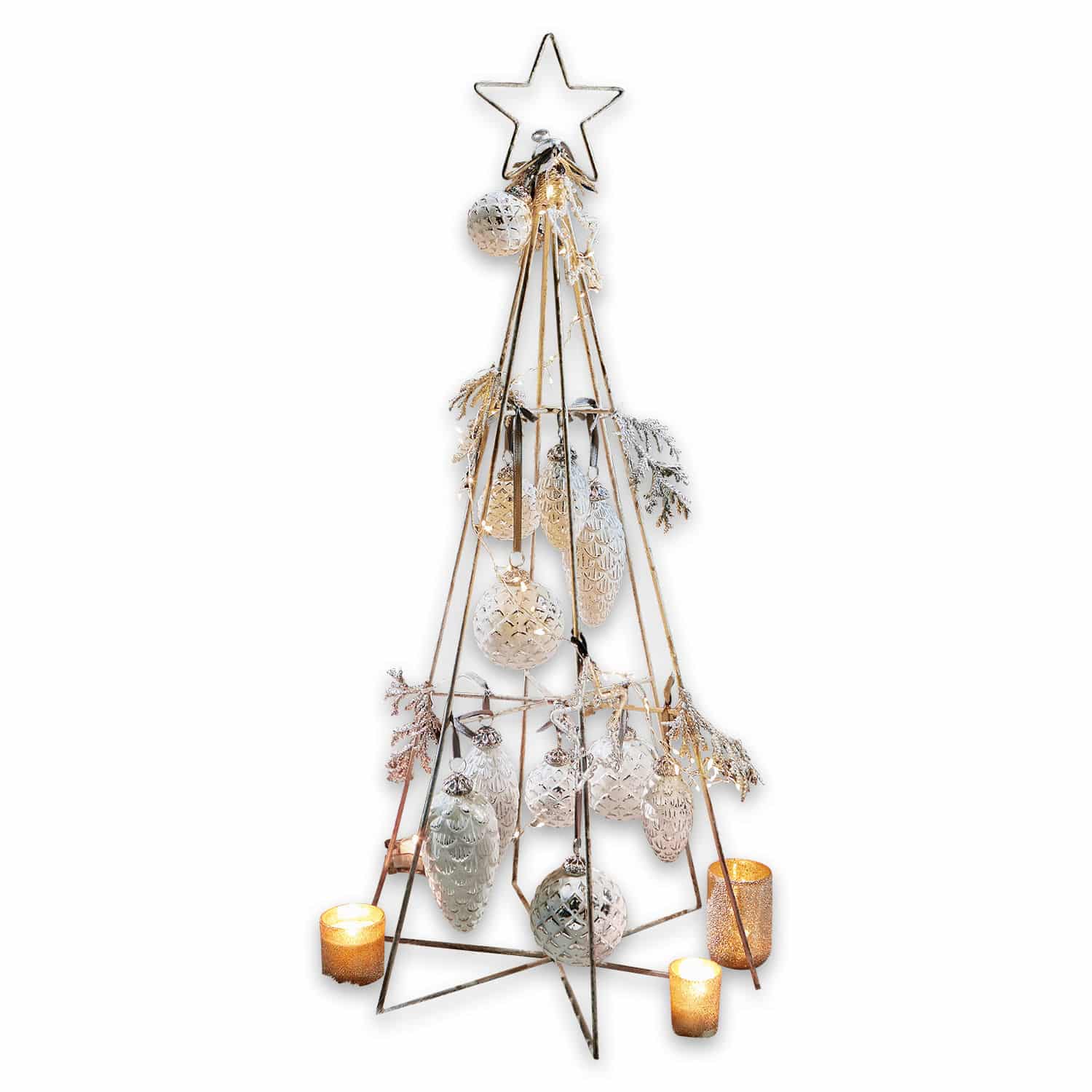 Decoratieve kerstboom Minstry Metalen kerstdecoratie in kegelvorm met witte ballen en kaarsen voor feestdagen