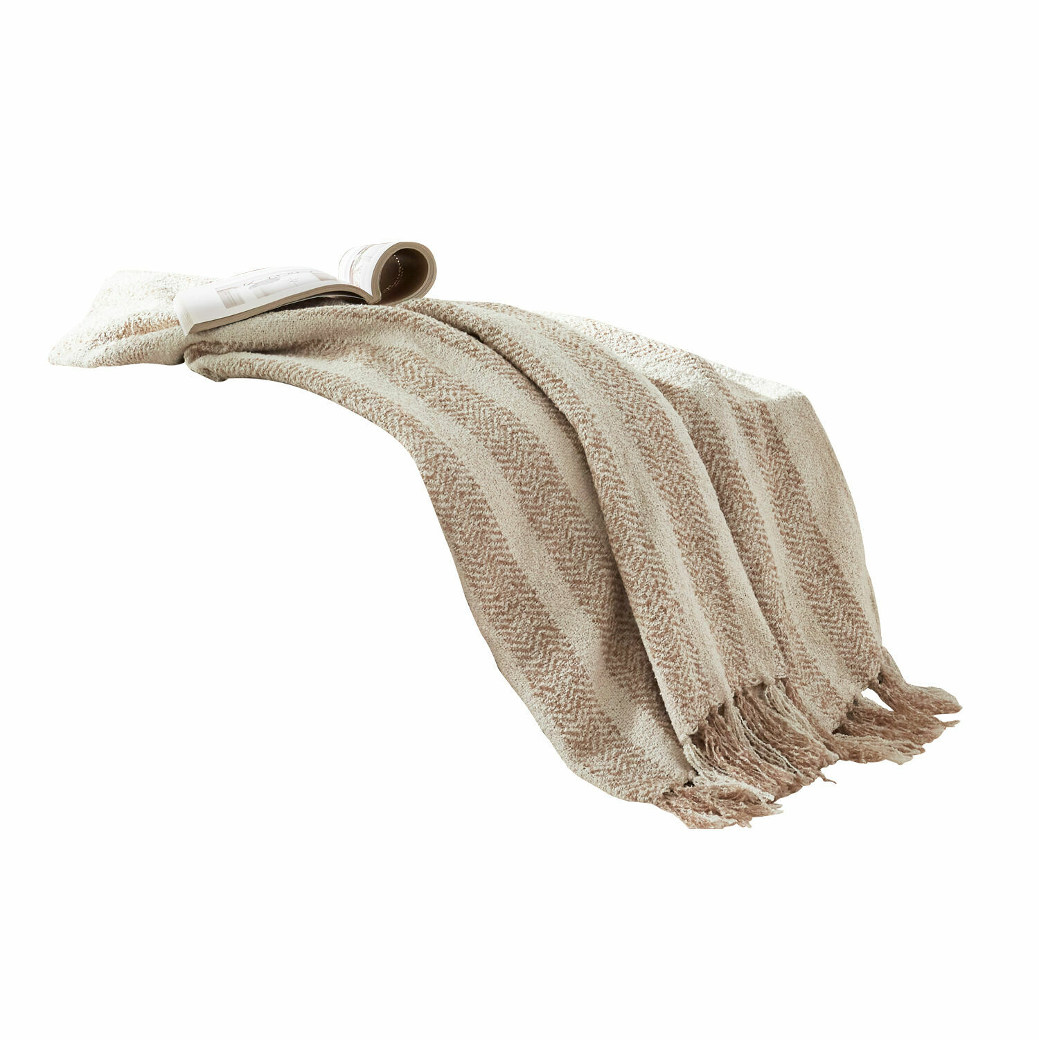 Beige zachte deken met franjes en visgraatpatroon, perfect voor een gezellige inrichting en decoratie