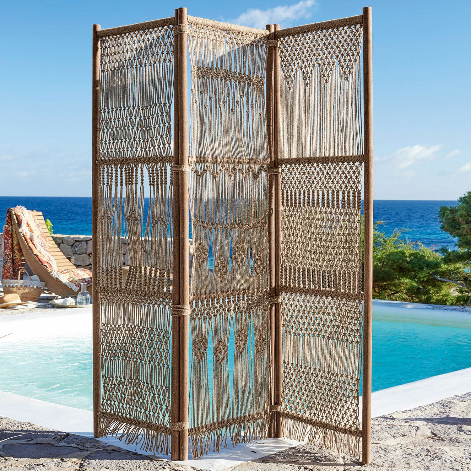 Roomdivider Tarik Kamerscherm van natuurlijke touw en hout in beige, geschikt voor tuin en terras