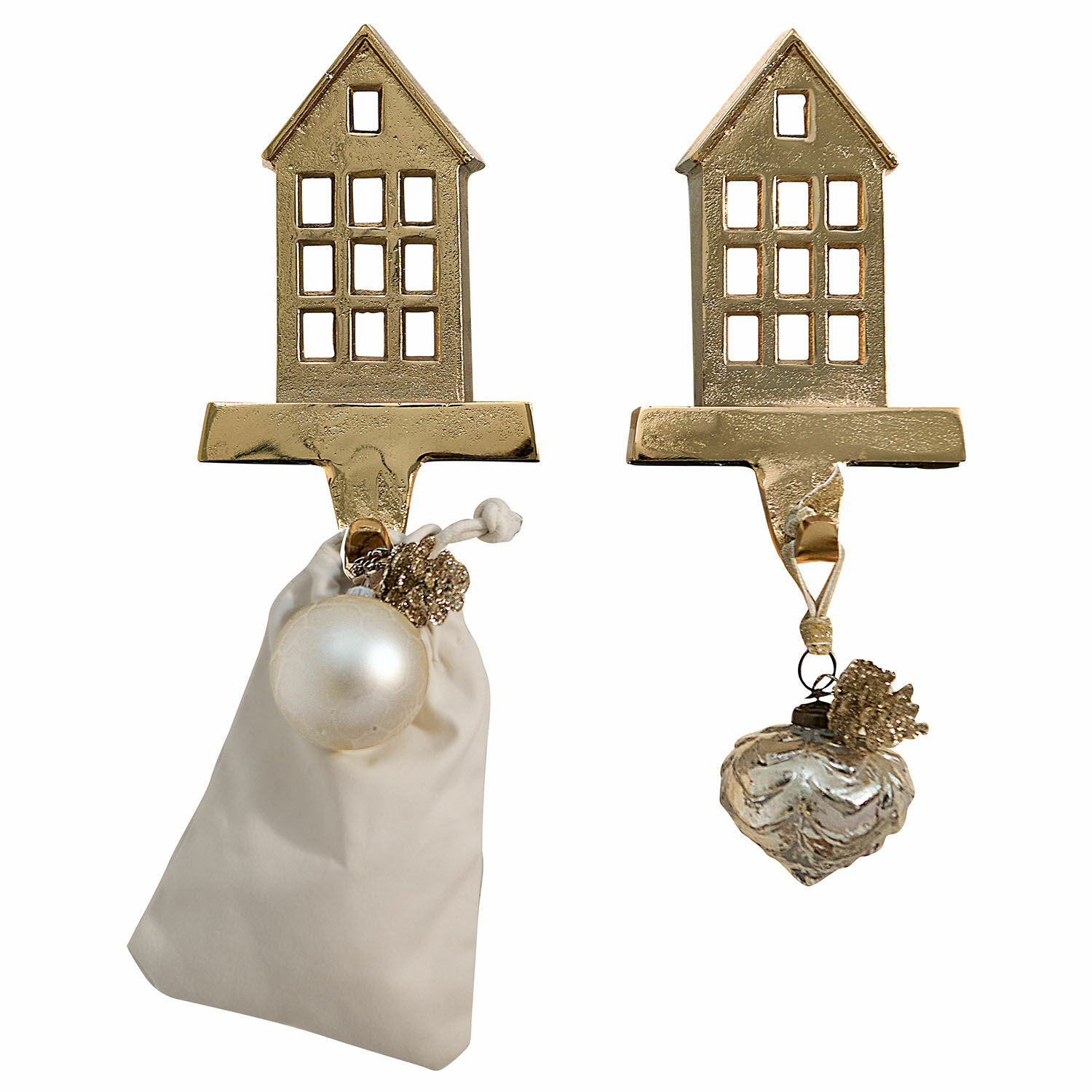 Haak set van 2 Xanique Gouden metalen haken in huisvorm met kerstversieringen en beige stoffen zakje