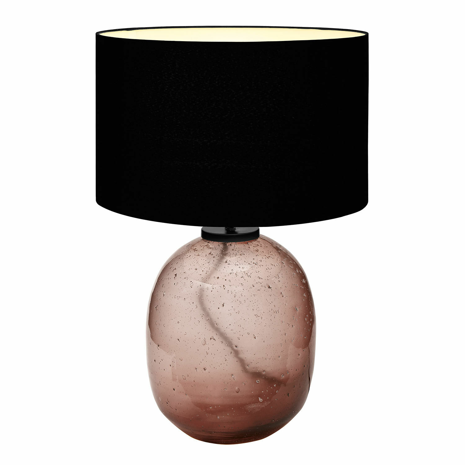 Tafellamp van roze glas met zwarte kap, modern design voor woonkamer