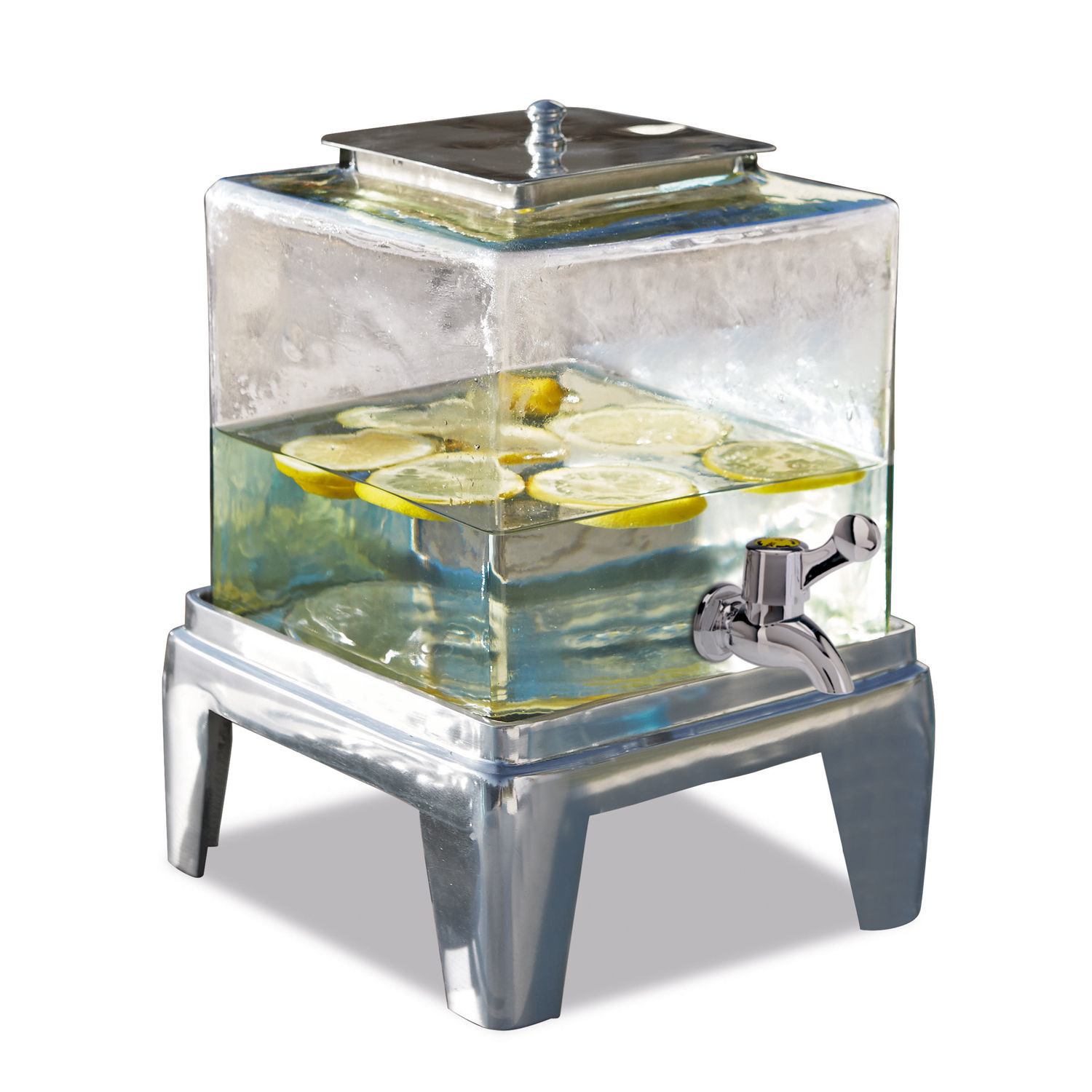Drankdispenser Osric Glazen drankdispenser met metalen standaard en kraan, water met citroenschijfjes