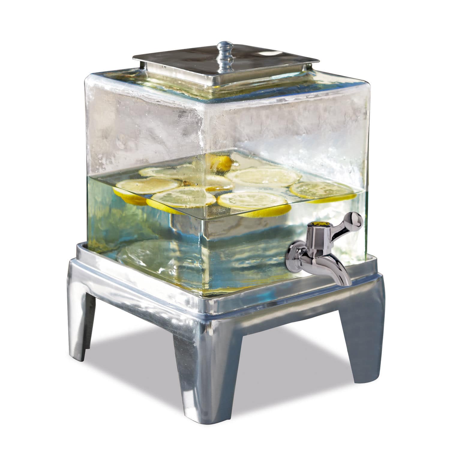 Drankdispenser Osric Glazen drankdispenser met metalen standaard en kraan, water met citroenschijfjes