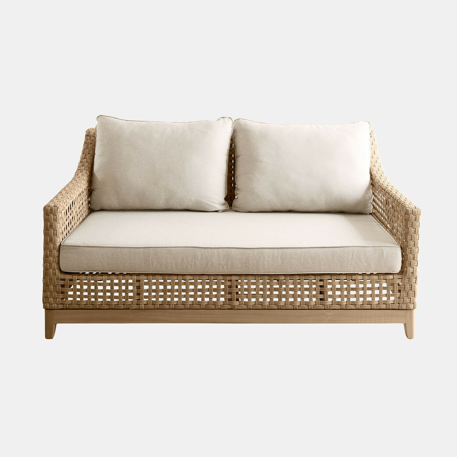 Bank Isolara Gevlochten rotan bank met beige kussens en houten onderstel, comfortabele woonkamermeubel