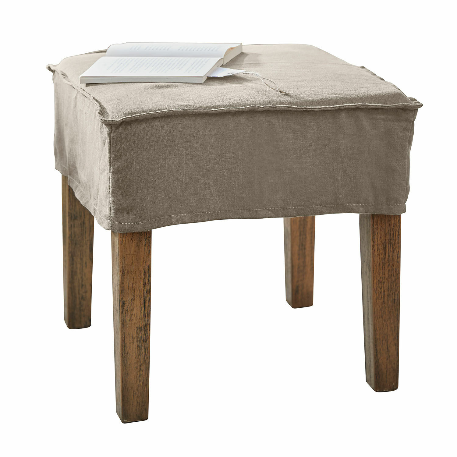 Kruk Vionnique Beige kruk met linnen hoes en houten poten, veelzijdig meubel voor woonkamer of slaapkamer
