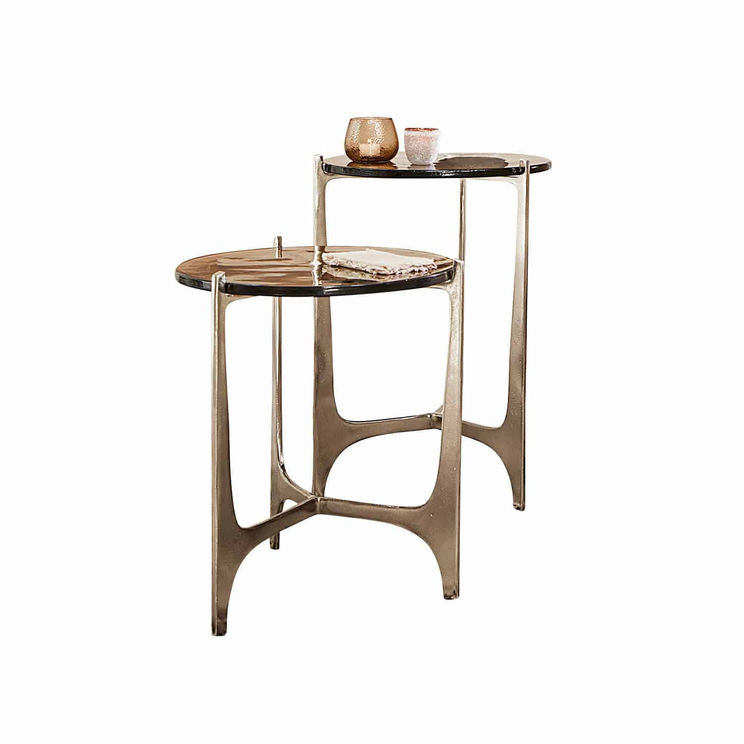 Set van twee ronde bijzettafels met metalen frame en bruine marmeren bladen