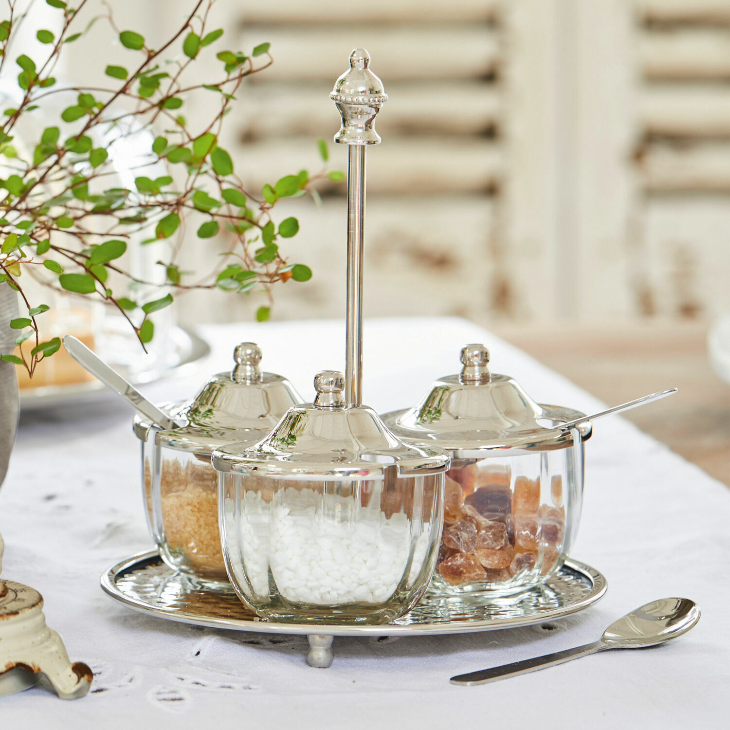 Menageset Julius Glazen suikerpotten set met metalen deksels en dienblad voor keukentafel