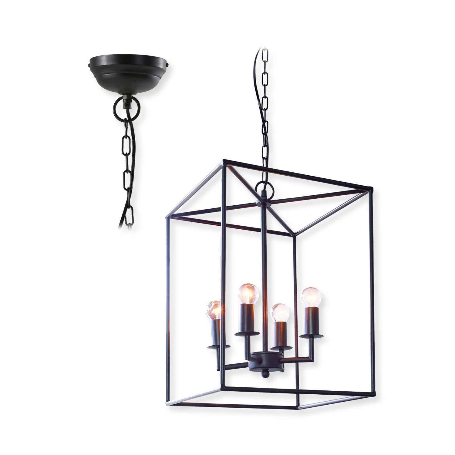 Zwarte metalen hanglamp in kubusvorm met vijf lampen, modern design en verlichting