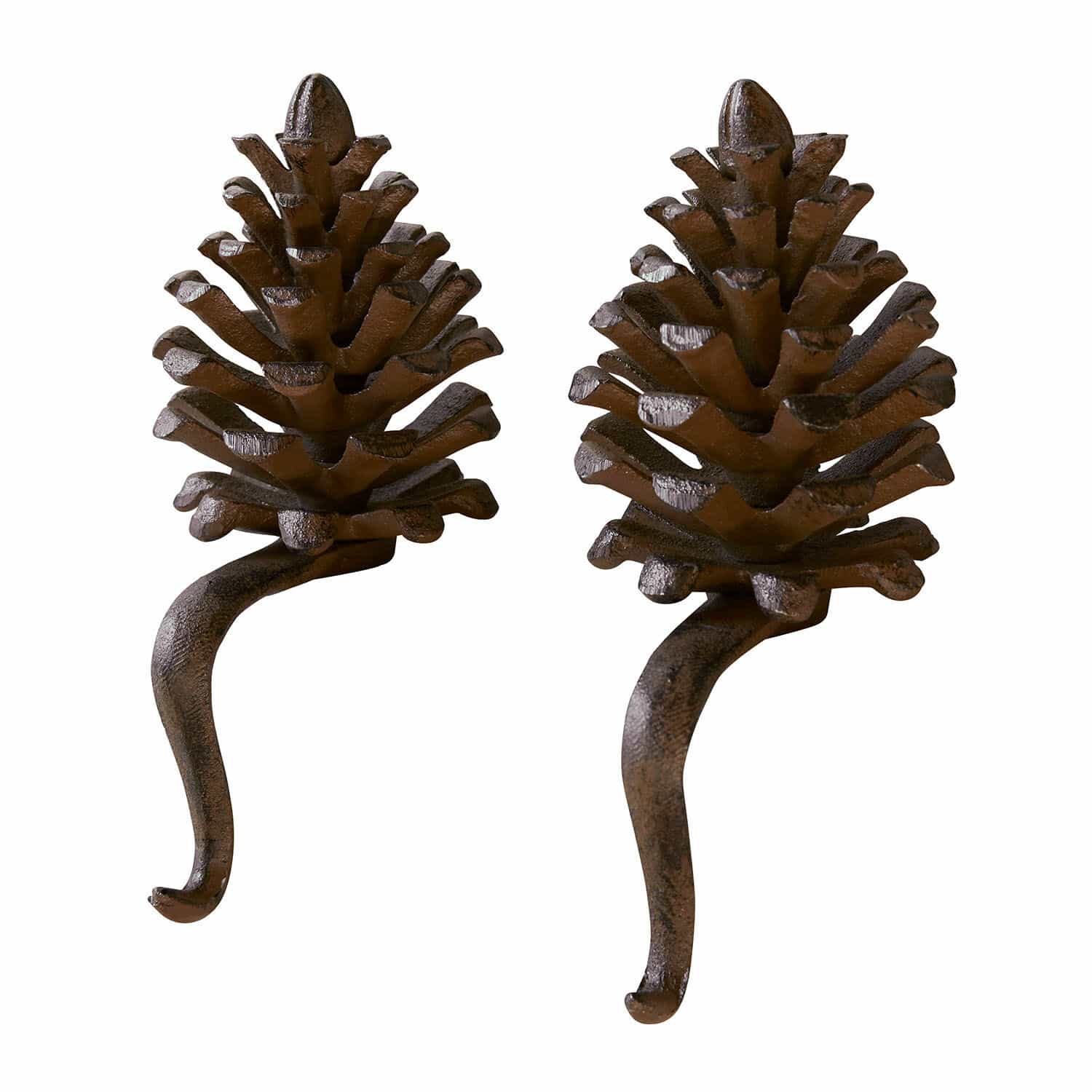 Set van twee decoratieve ijzeren haken in antiekbruine kleur in dennenappelvorm