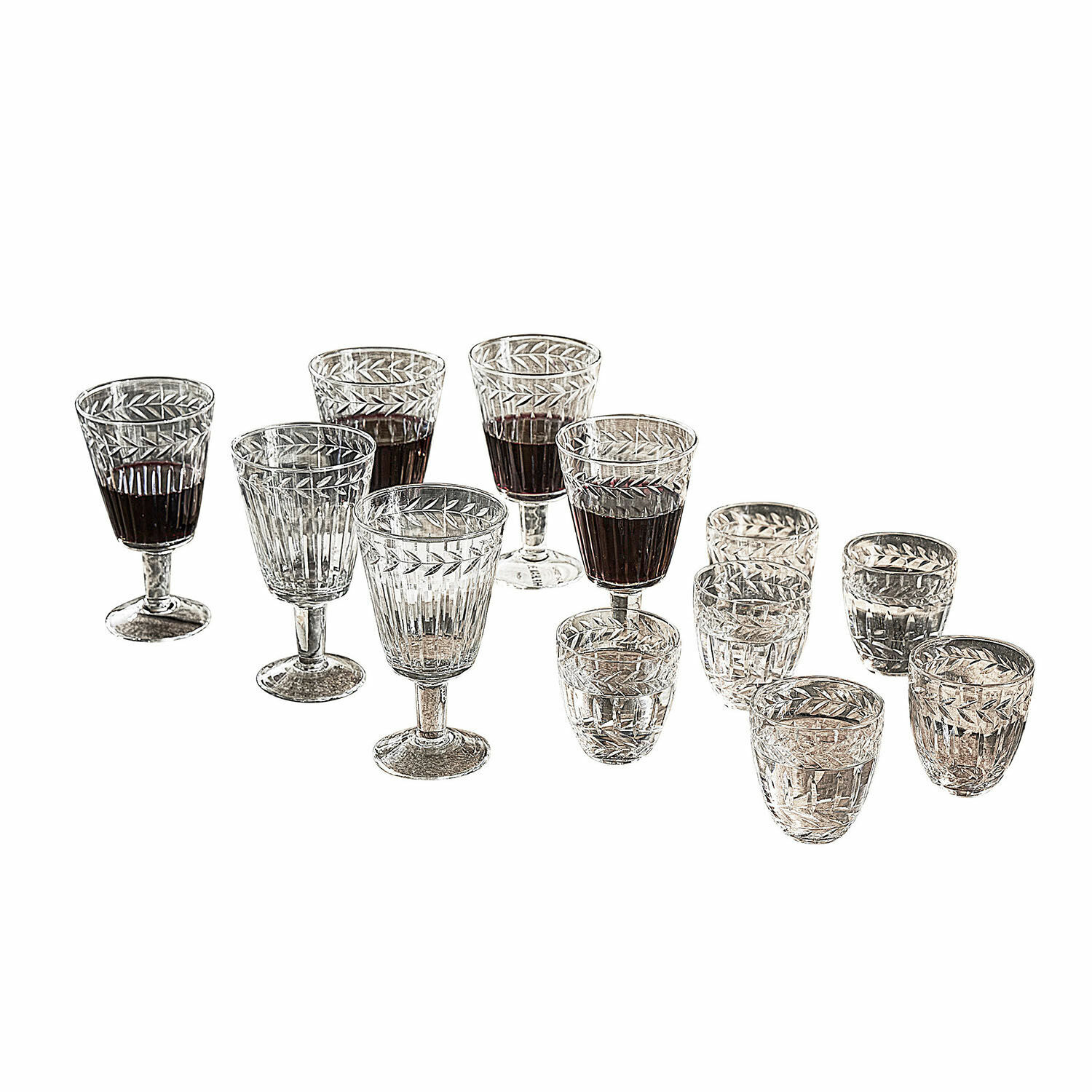 Glas set van 12 Padiès Set kristallen glazen met bladmotief, wijnglazen en likeurglazen van helder glas