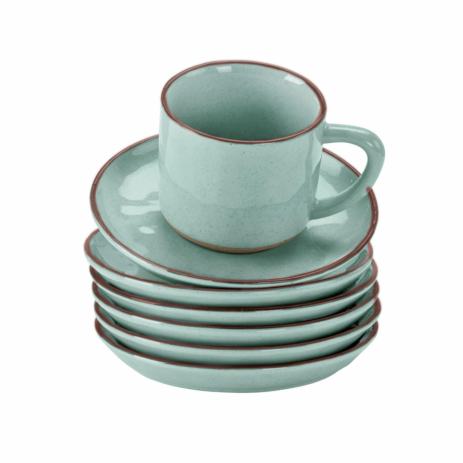 Kopje en schoteltje set van 6 Biarré Set mintgroene keramische kopjes en schotels met bruine rand voor koffie
