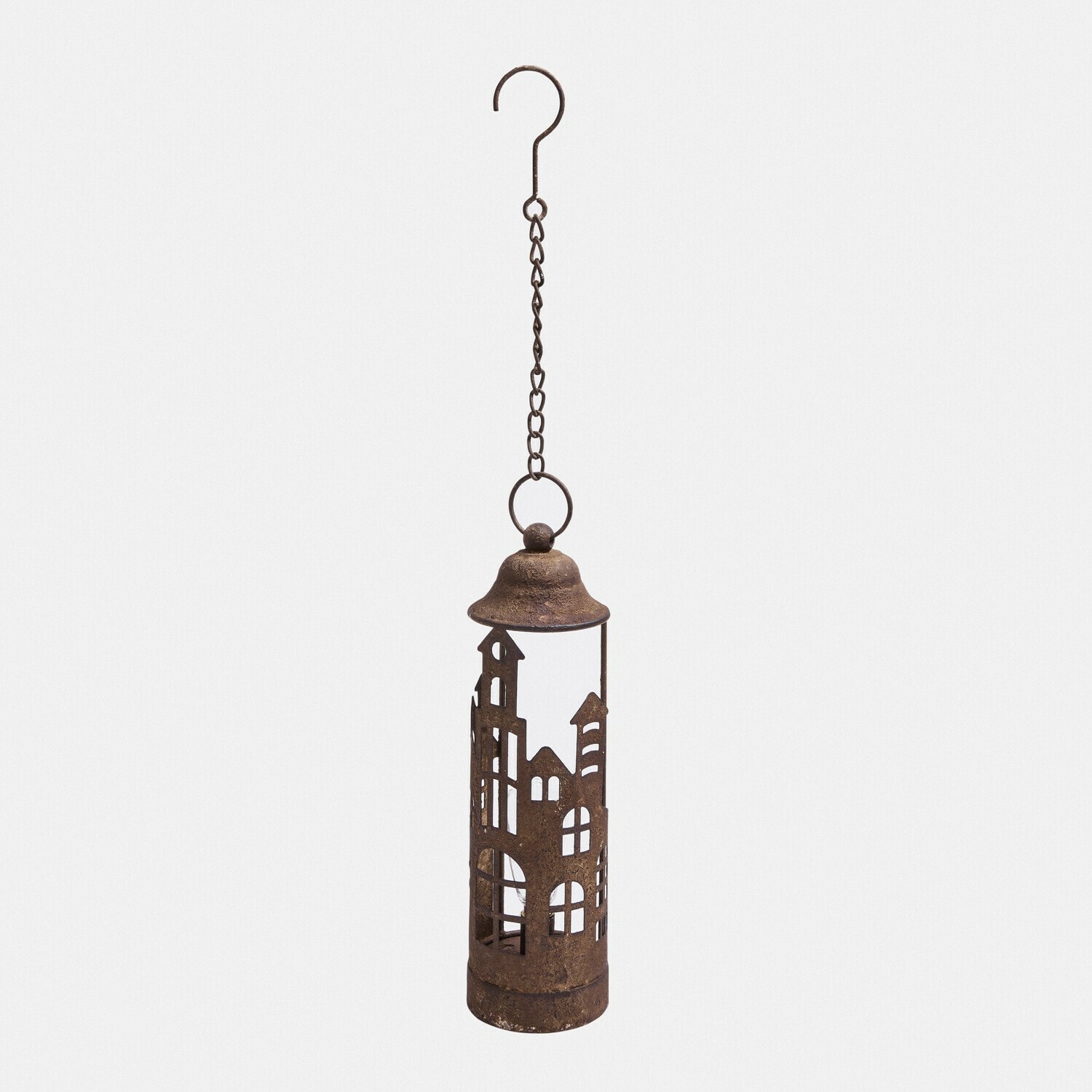 Ledlantaarn Vessper Hangende metalen decoratie met stadsmotief in roestkleur, tuindecoratie met ketting