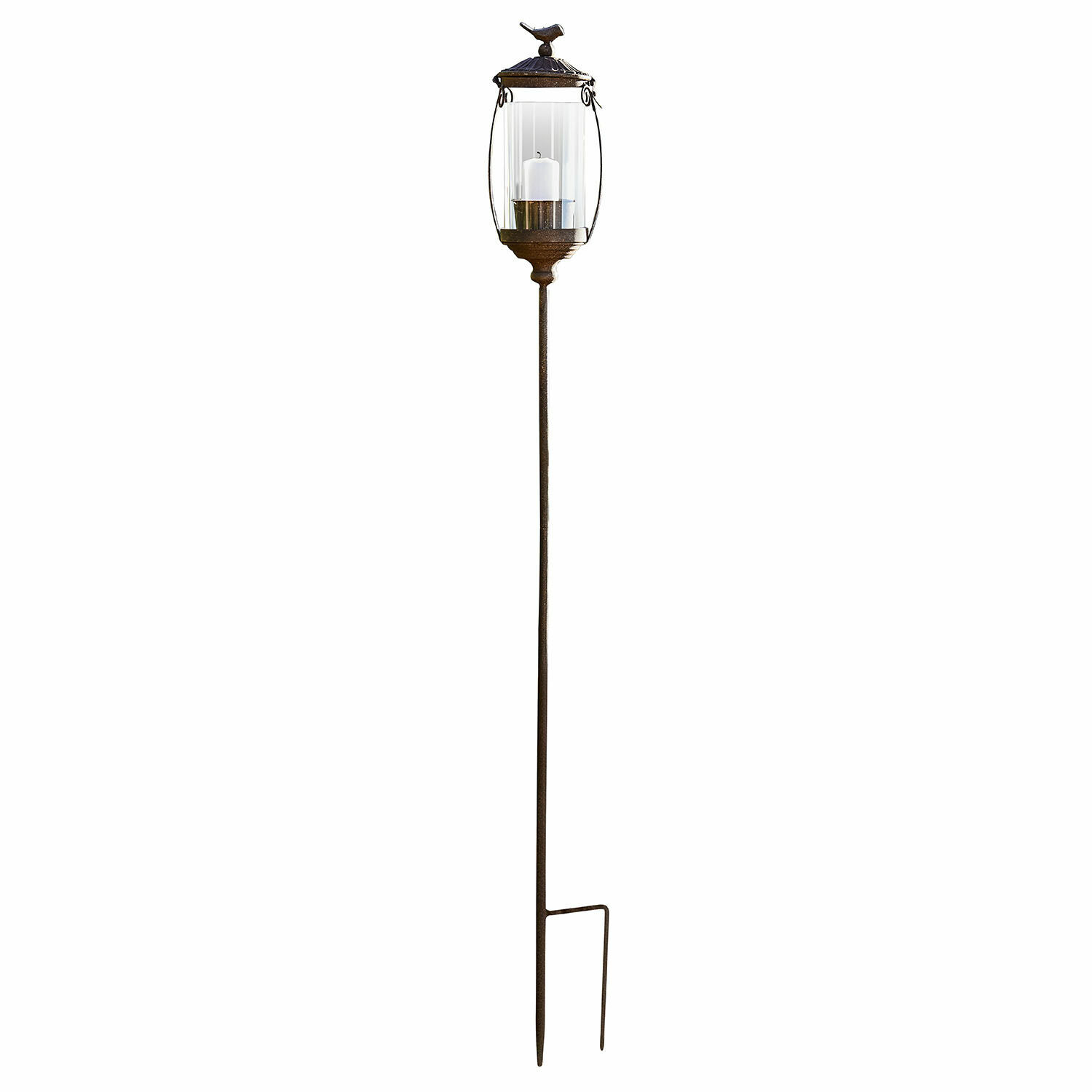 Lantaarn Nexoril Decoratieve bruine metalen tuinfakkel met helder glas en witte kaars, grondpin voor buiten