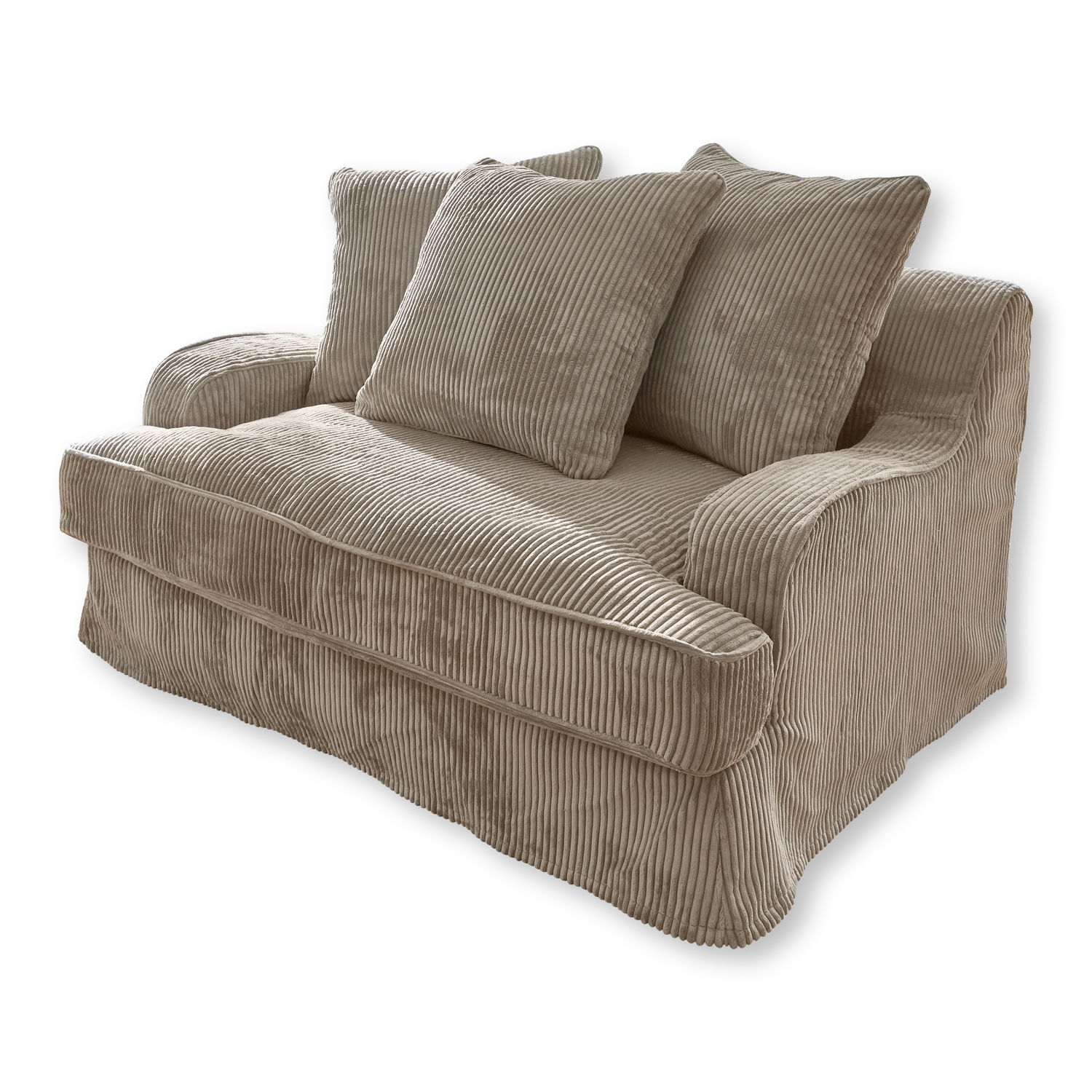Bank Monaco Beige tweezitsbank van zachte ribfluweel met kussens, comfortabel voor woonkamer