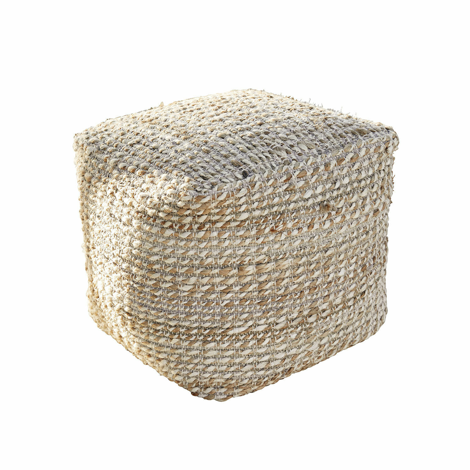 Vierkante poef van gevlochten natuurlijk materiaal in beige-grijs voor woonkamer