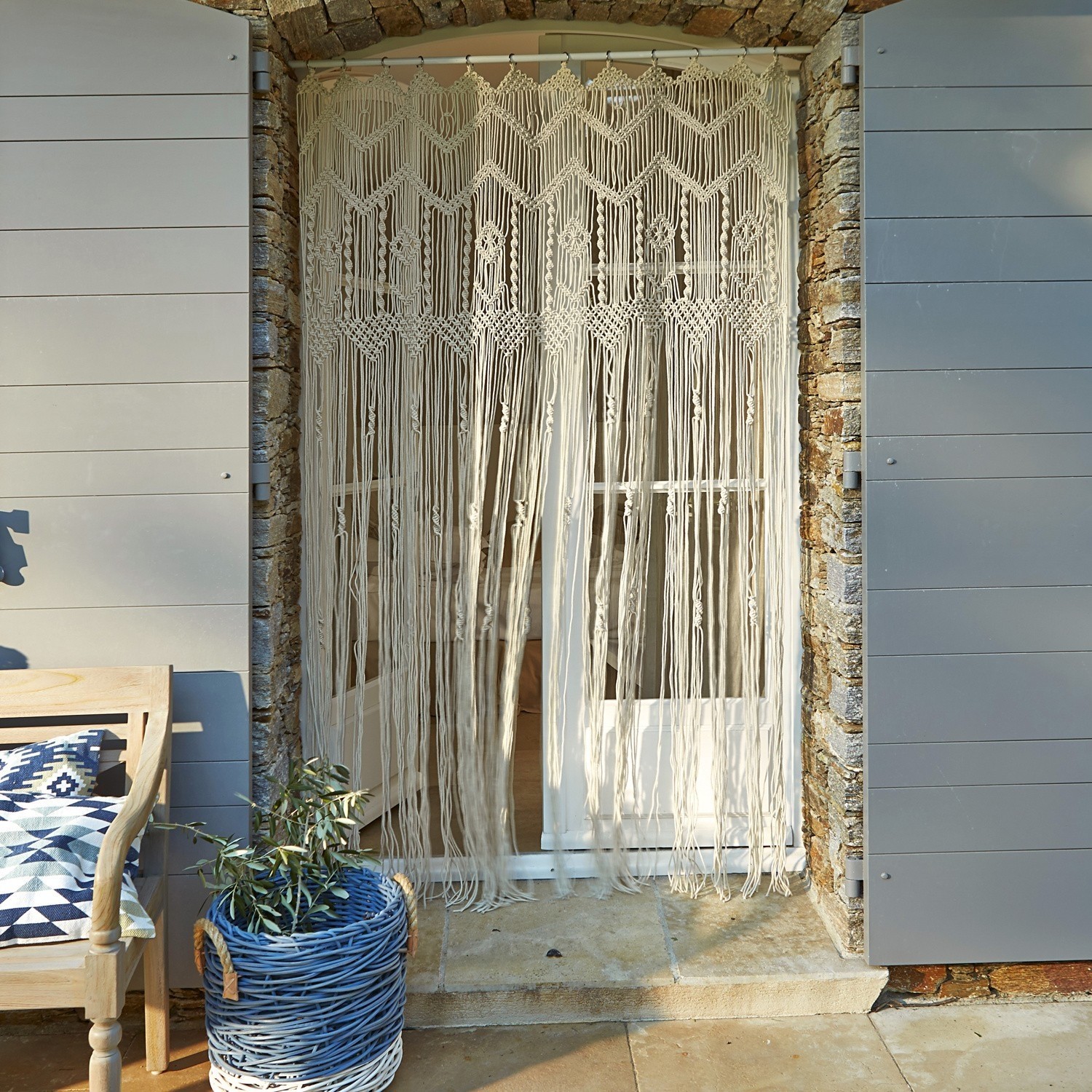 Gordijn Jael Beige katoenen macramé als deurgordijn, decoratie en zonwering binnen