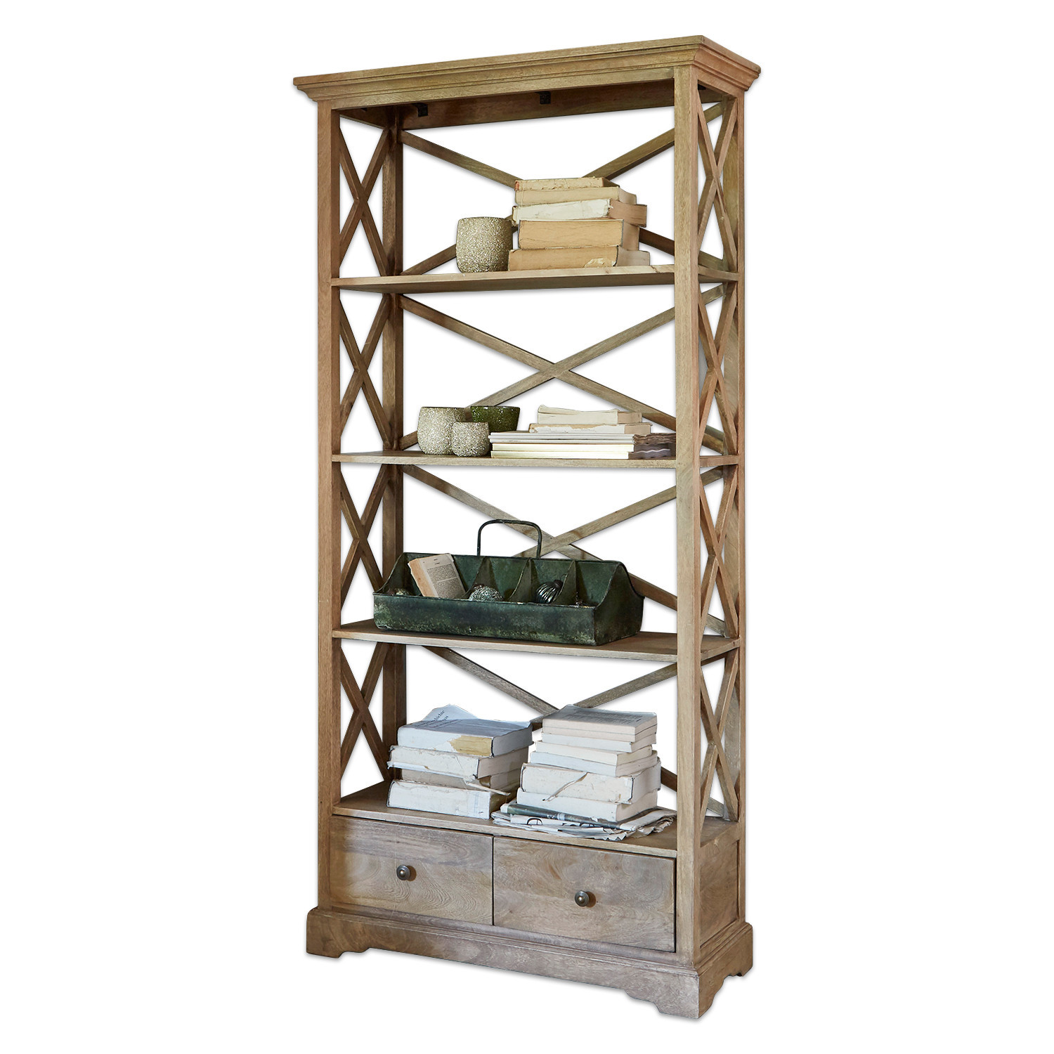 Wandrek Vélu Houten open kast met vier planken en twee lades, natuurlijke kleur, geschikt voor boeken en decoratie