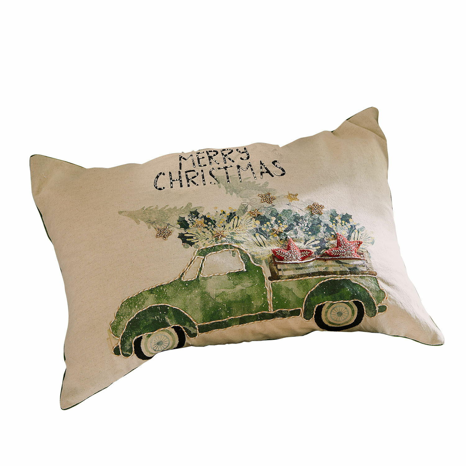 Kussenhoes Malivor Beige sierkussen met groene auto en tekst Merry Christmas, kersttextielmotief