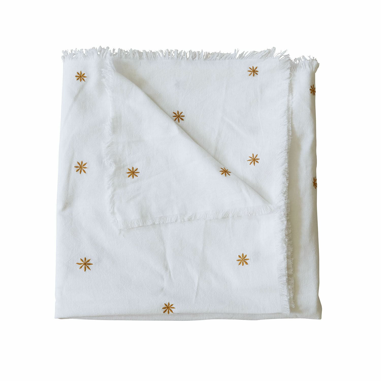 Tafelkleed Fjalara Witte katoenen deken met bruine geborduurde sterren en franjes, zacht en decoratief