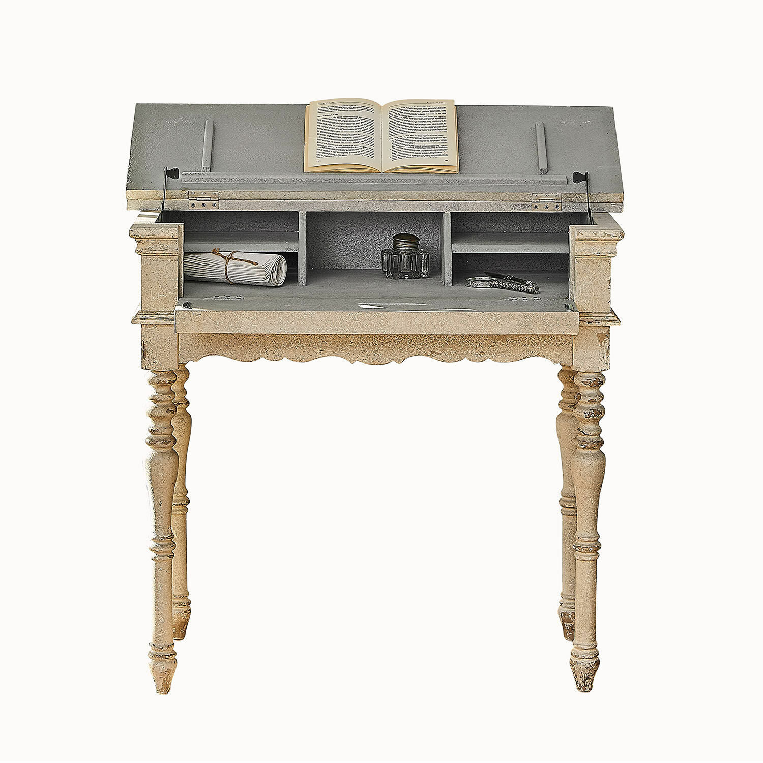 Wandtafel Arterton Vintage houten bureau in beige en grijs met open klap en boek op het werkblad