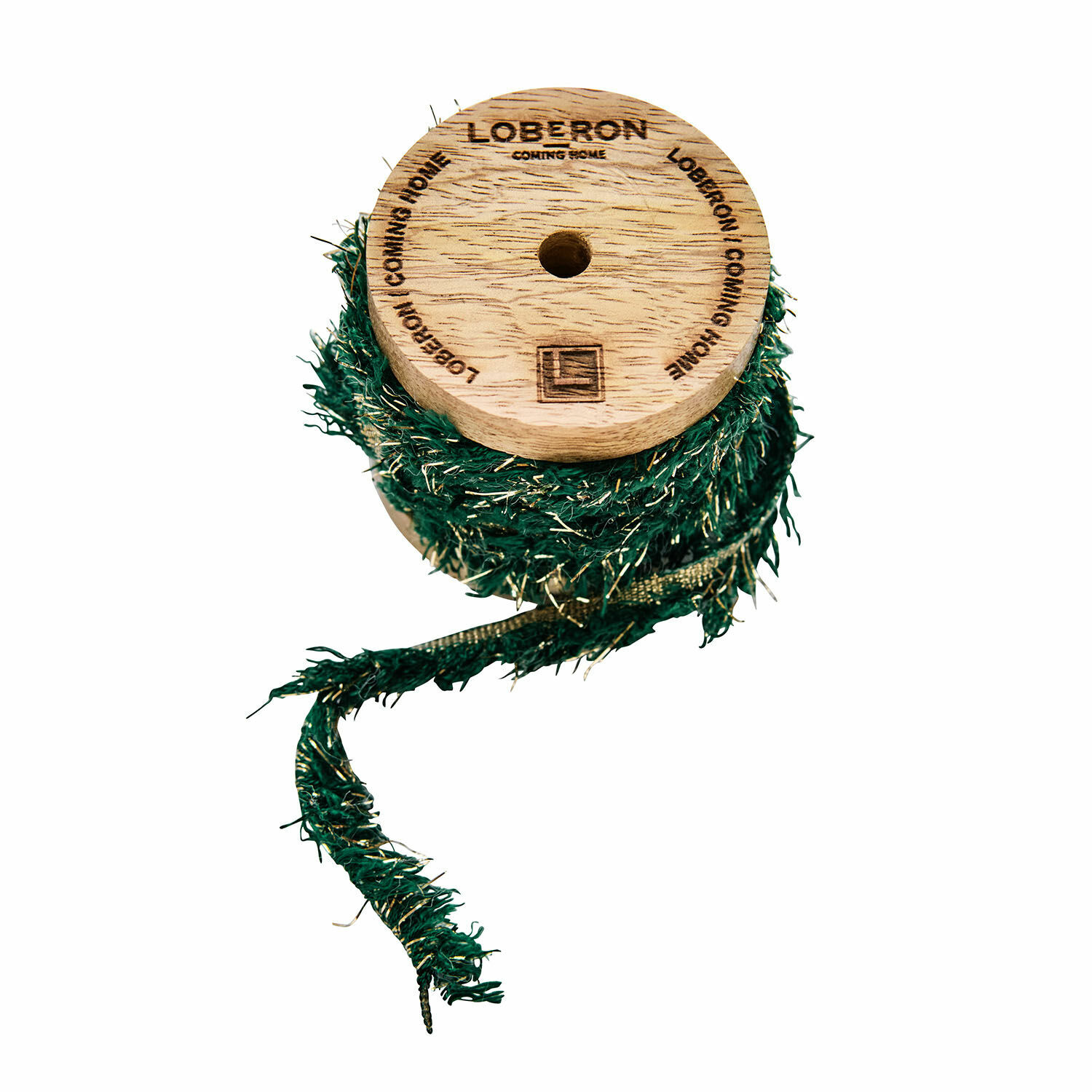 Lint Calarith Houten spoel met groene decoratieve lint met gouden glitters voor feestelijke decoratie