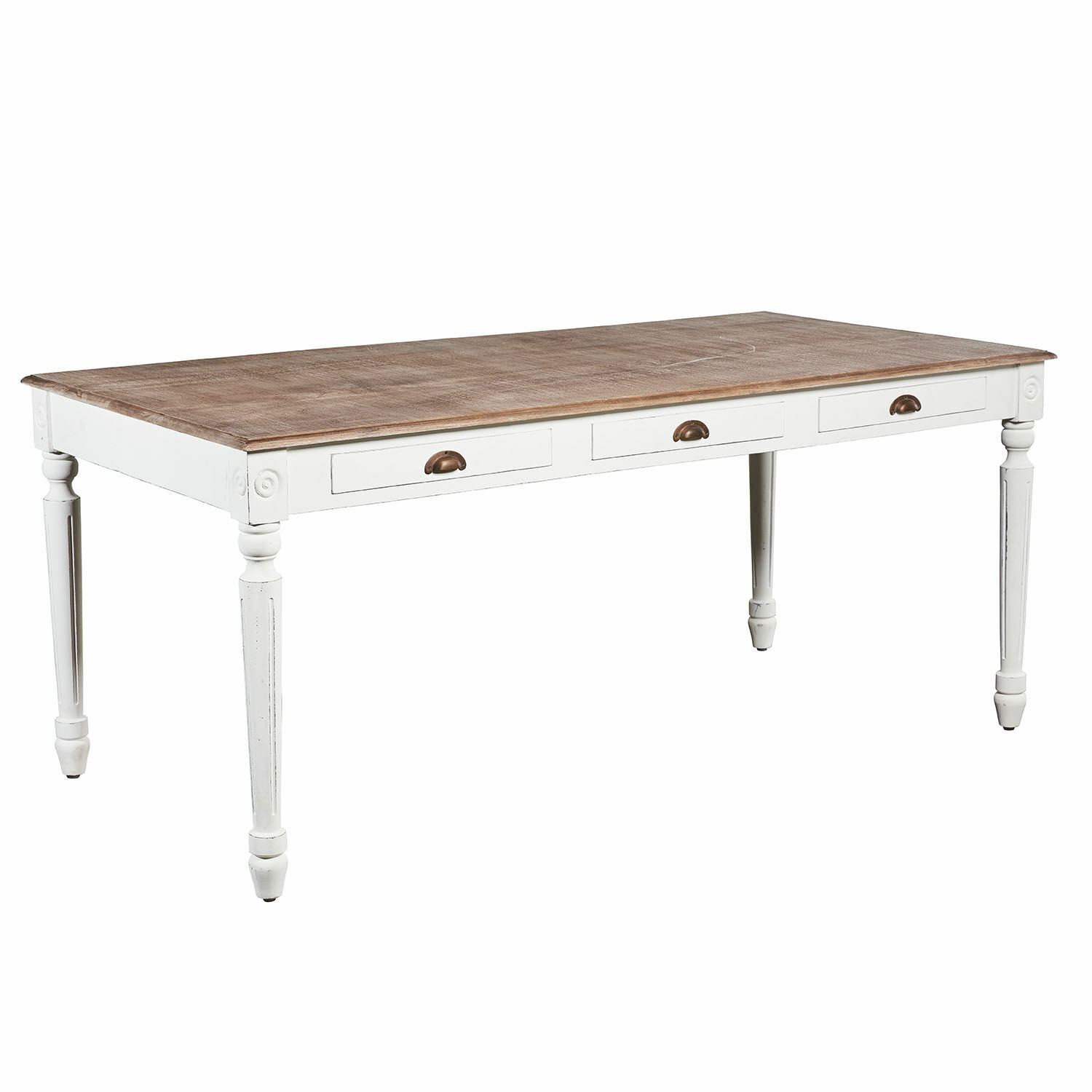 Tafel Helsinquia Houten tafel met witte onderstel en natuurlijk houten blad, laden en klassieke gedraaide poten