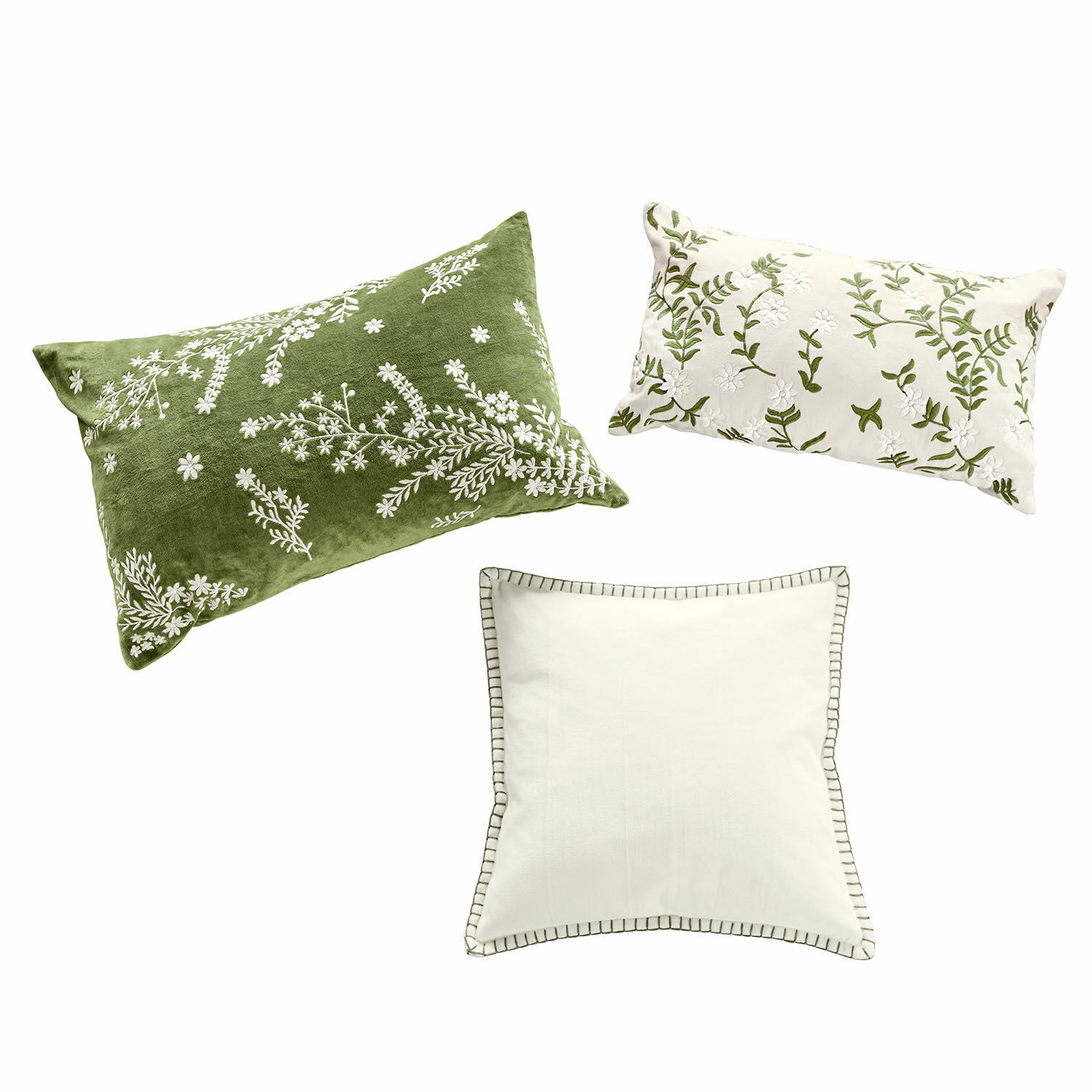 Kussenhoes set van 3 Iplique Set van drie decoratieve kussens met groene en witte borduursels, zachte stof, interieurdecoratie