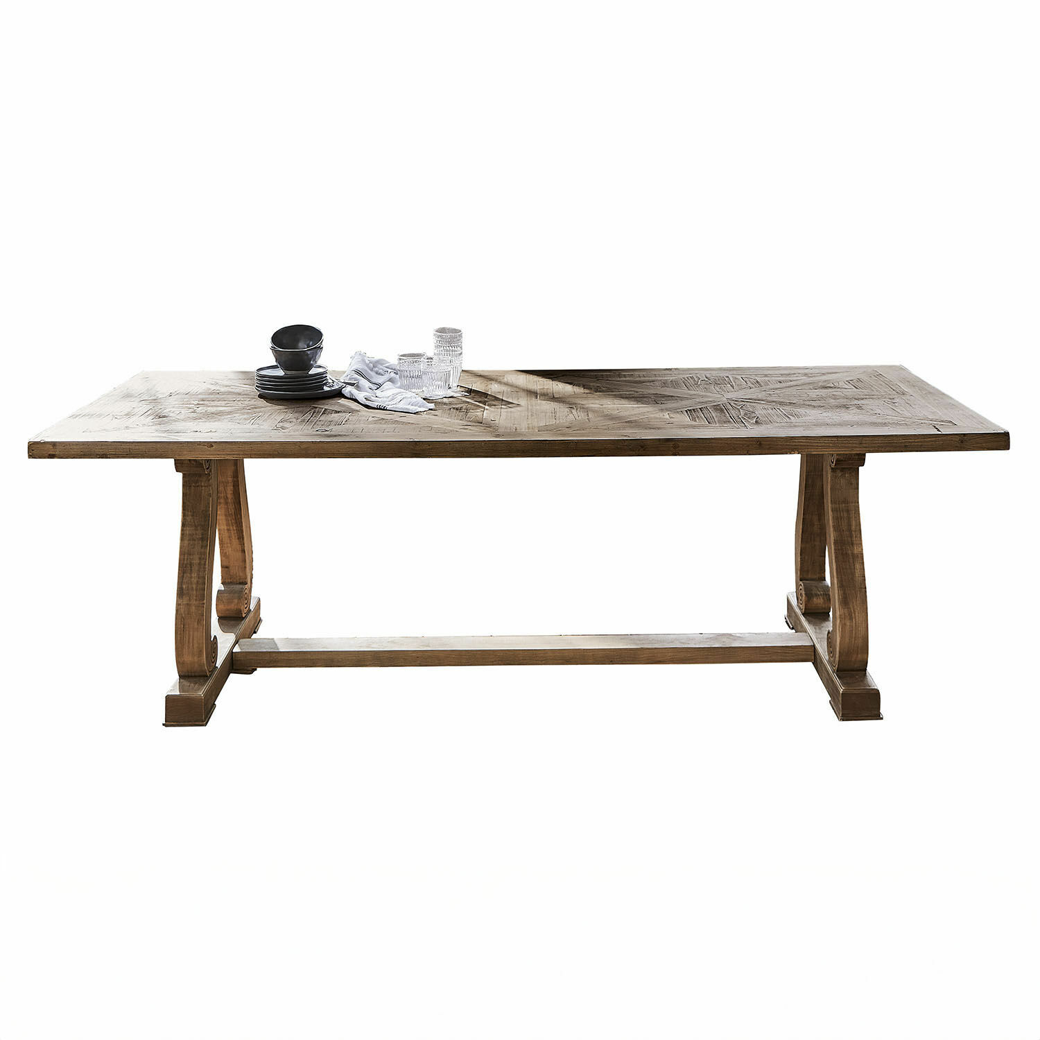 Tafel Campbelltown Grote houten tafel met rustiek blad en stevige poten, natuurlijke houtkleur