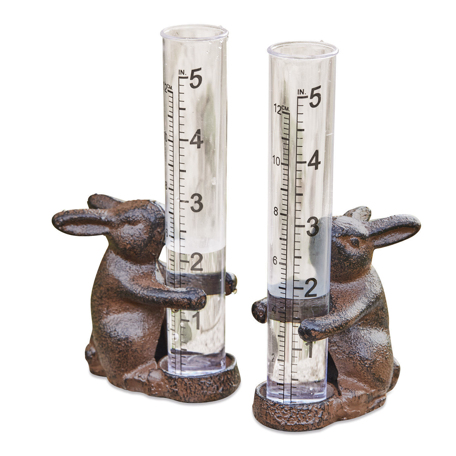 Transparante regenmeter met bruine konijnenstandaard voor tuin en buiten