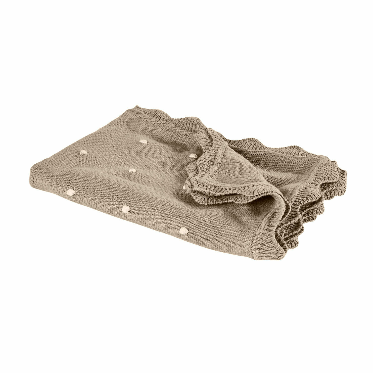 Plaid Saphie Beige gebreid deken met witte stippen en gerimpelde rand, zacht materiaal voor interieurdecoratie